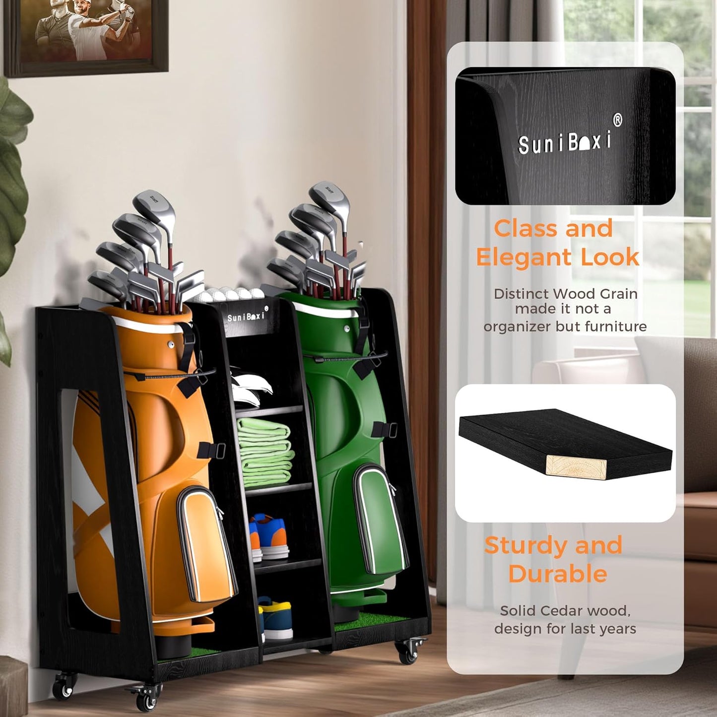 Wooden Golf Storage Organizer for Garage, Premium Golf Bag Holder Rack for Golfing Accessories, Great Gift for Golfers,Husband, Dad