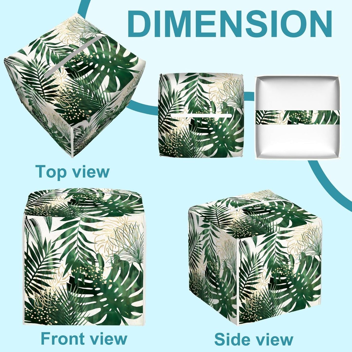Exotic Palm Leaves Tissue Box Cover,Tissue Box Holder Square with Bottom Belt,Waterproof Leather Organizer Portable Decorative Facial Paper for Bedroom Night Stand Office Desk,5.2" x 5.2" x 5.2"
