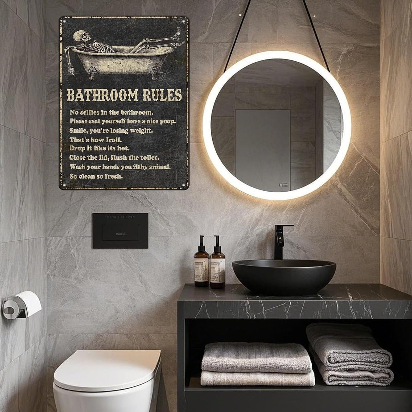 Funny Skull Bathroom Rules Metal Tin Sign Wall Decor - Vintage Bathroom Quote Tin Sign for Toilet Restroom Washroom Home Decor 12x16 Inch