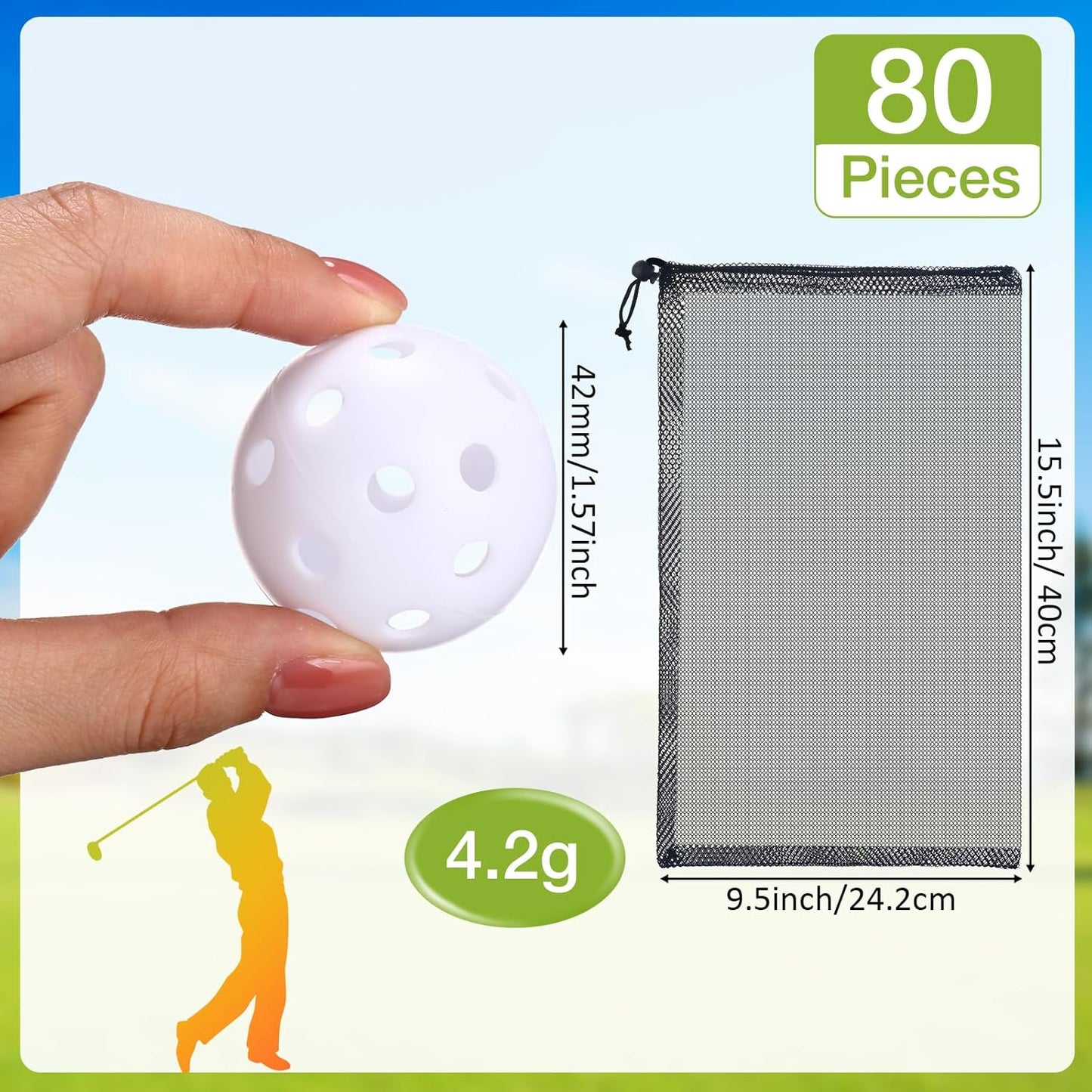 80 Pack Practice Golf Balls Limited Flight 42 mm Golf Training Airflow Hollow Plastic Ball for Women Men Indoor Outdoor Driving Range Swing Practice Home