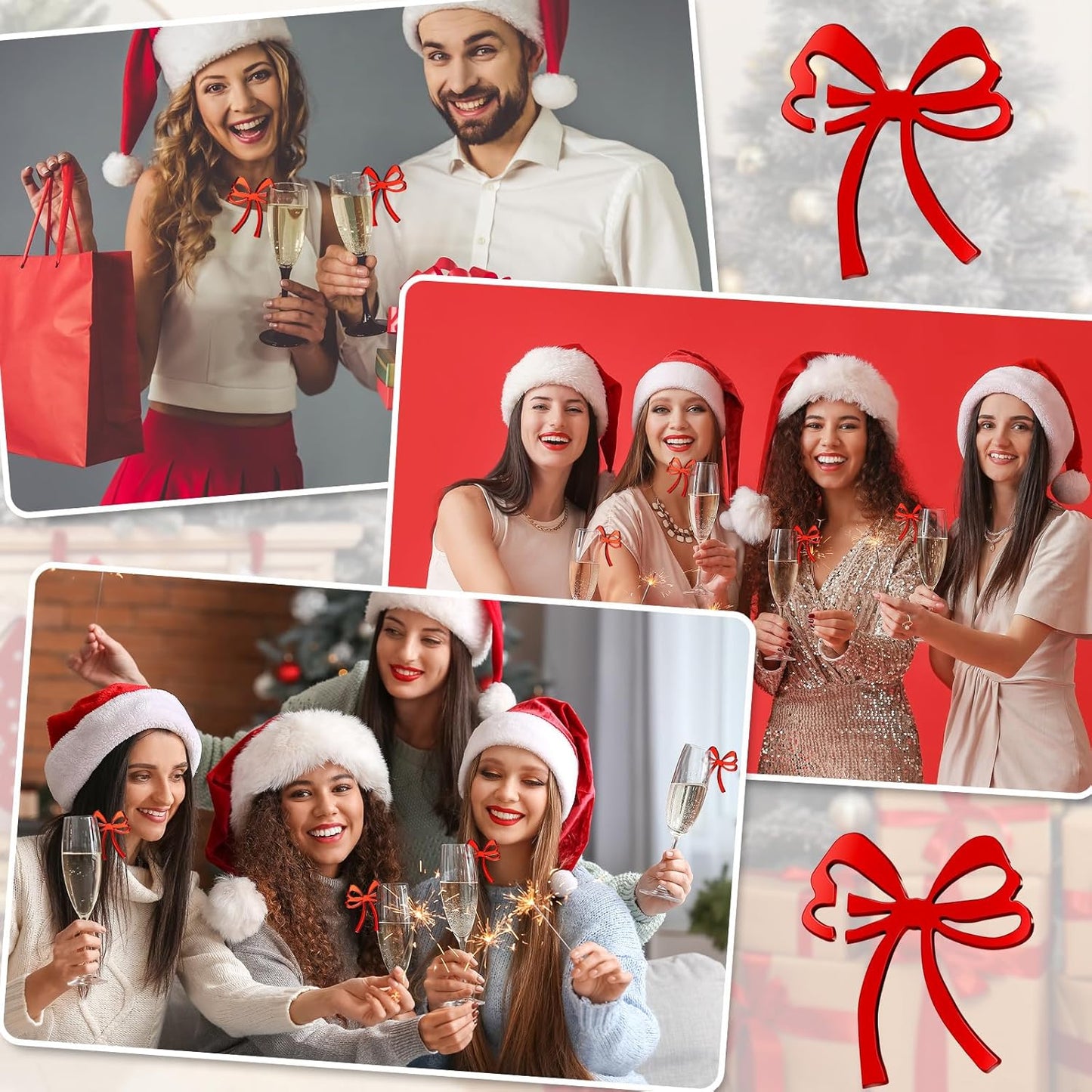 50 Pcs Bow Drink Tags Mirror Bow Markers Christmas Bowknot Decorations Themed Party Favors Coquette Acrylic Cocktail Tag for Bachelorette Birthday Wedding Party Decor Accessory