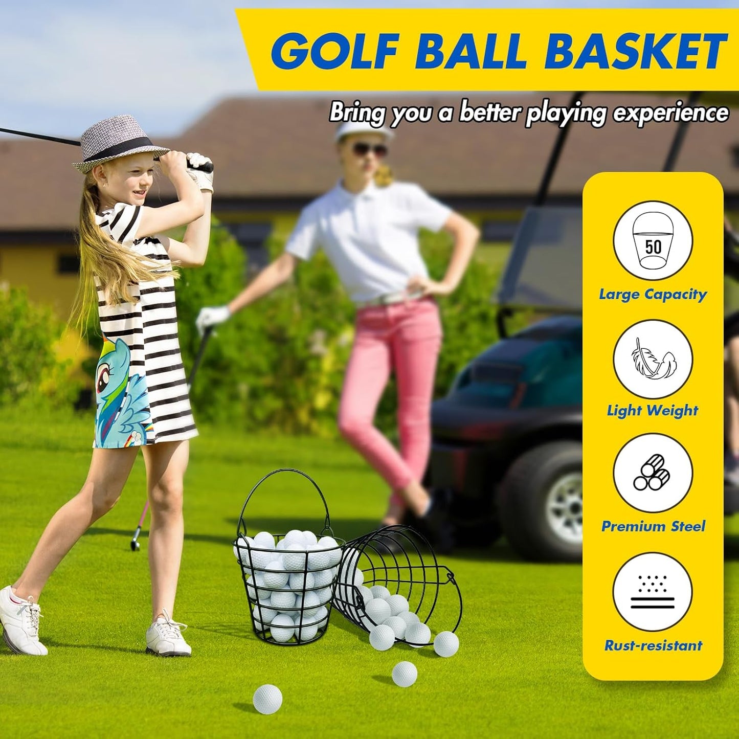 Stainless Metal Golf Ball Basket, Golf Ball Bucket with Handle, Holds 50 Balls, 2 Pack Golf Ball Container