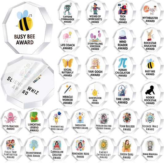 30 Pcs Funny Trophy Awards Gifts Bulk Christmas Small Clear Acrylic Team Reward Medallions for Employee Staff Appreciation Coworker Teacher Nurse Office