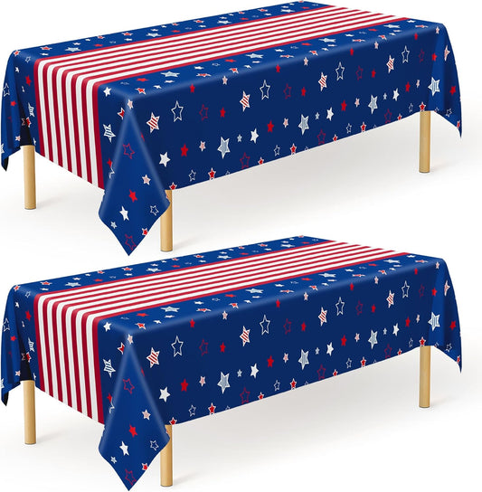 QZYL 2 Pack 4th of July Tablecloth, 54" x 108" American Plastic Table Cover, Disposable Red White Blue Tablecloths Fourth of July Table Cloth, Patriotic Party Supplies Independence Day Decorations