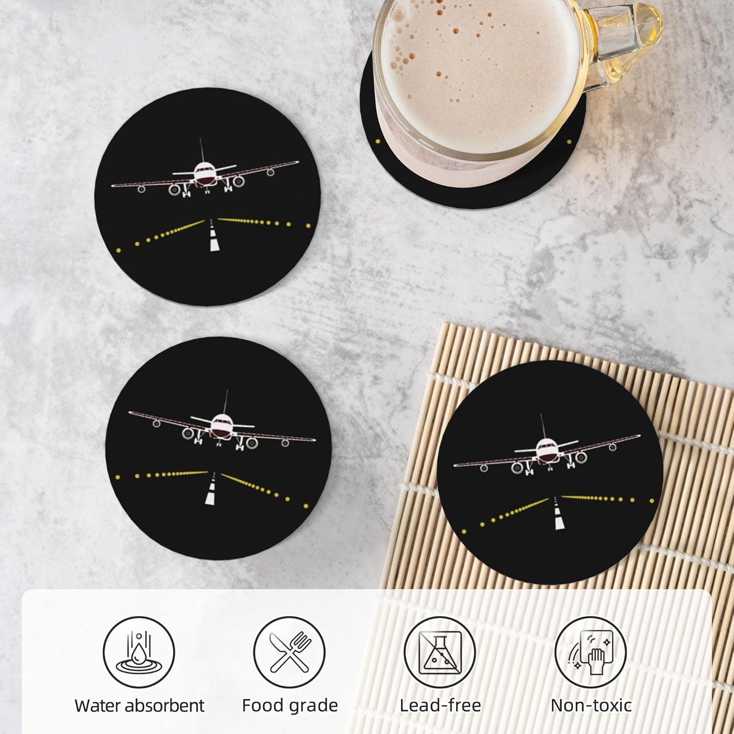 Airplane Coasters for Drinks Set of 4, Absorbent Ceramic Drink Coasters for Coffee Table Wooden Table Cup Bar, 4 Inches