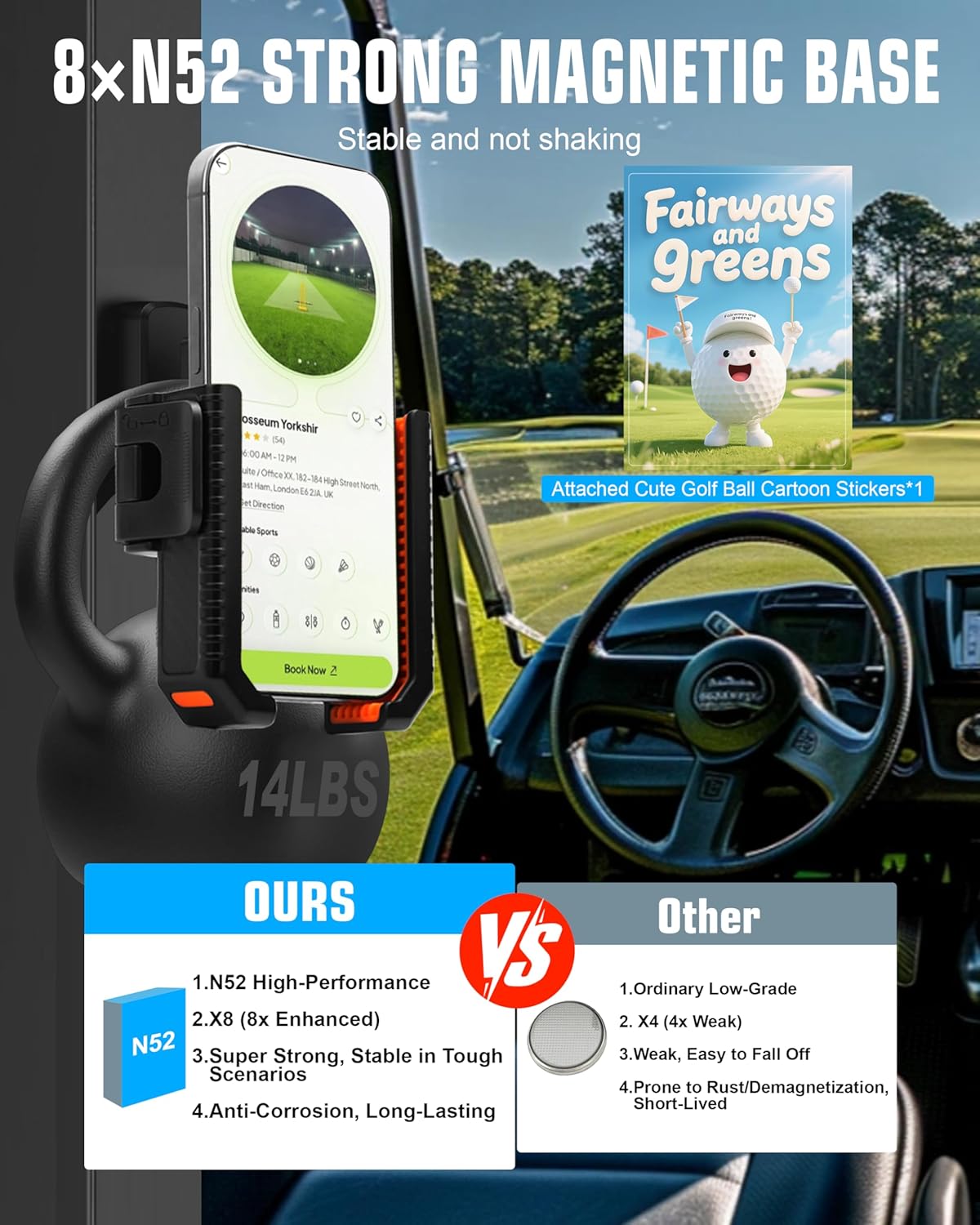 XEEP 2025 Magnetic Golf Cart Phone Holder 8pcs N52 Magnets, 360° Rotation, One-Touch Lock, Golf Phone Holder for Ezgo Club Car Yamaha, Golf Cart Cell Phone Holder for All 4.5-7" Smartphones