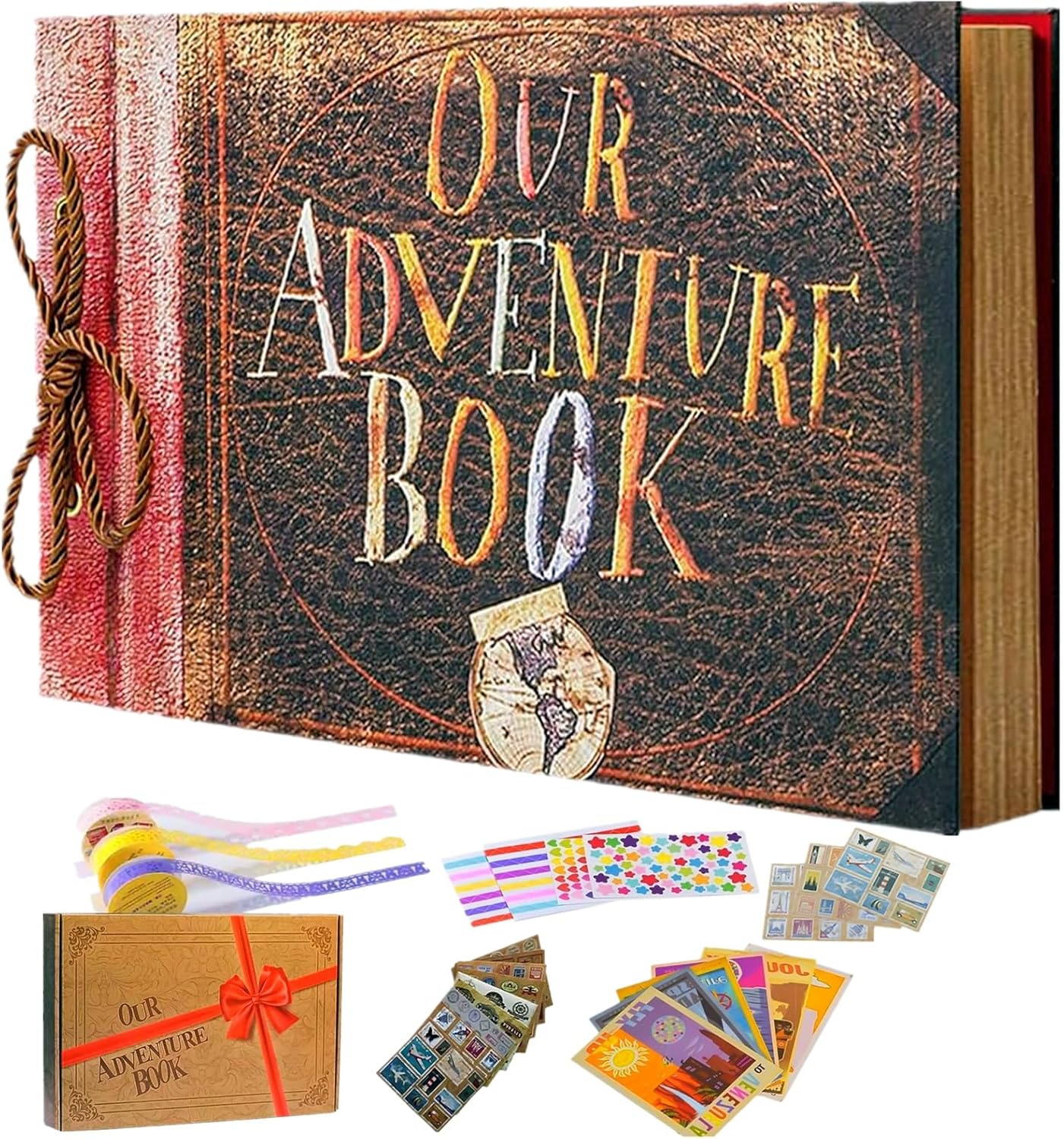 Adventure Book Scrapbook DIY Handmade Retro Style Travel Souvenir, 11.92 x 7.62" Embossed Lettering Scrapbook Inspired by 'Up', Memory Book For Anniversary Wedding,Travelling,Valentine's Day Gifts