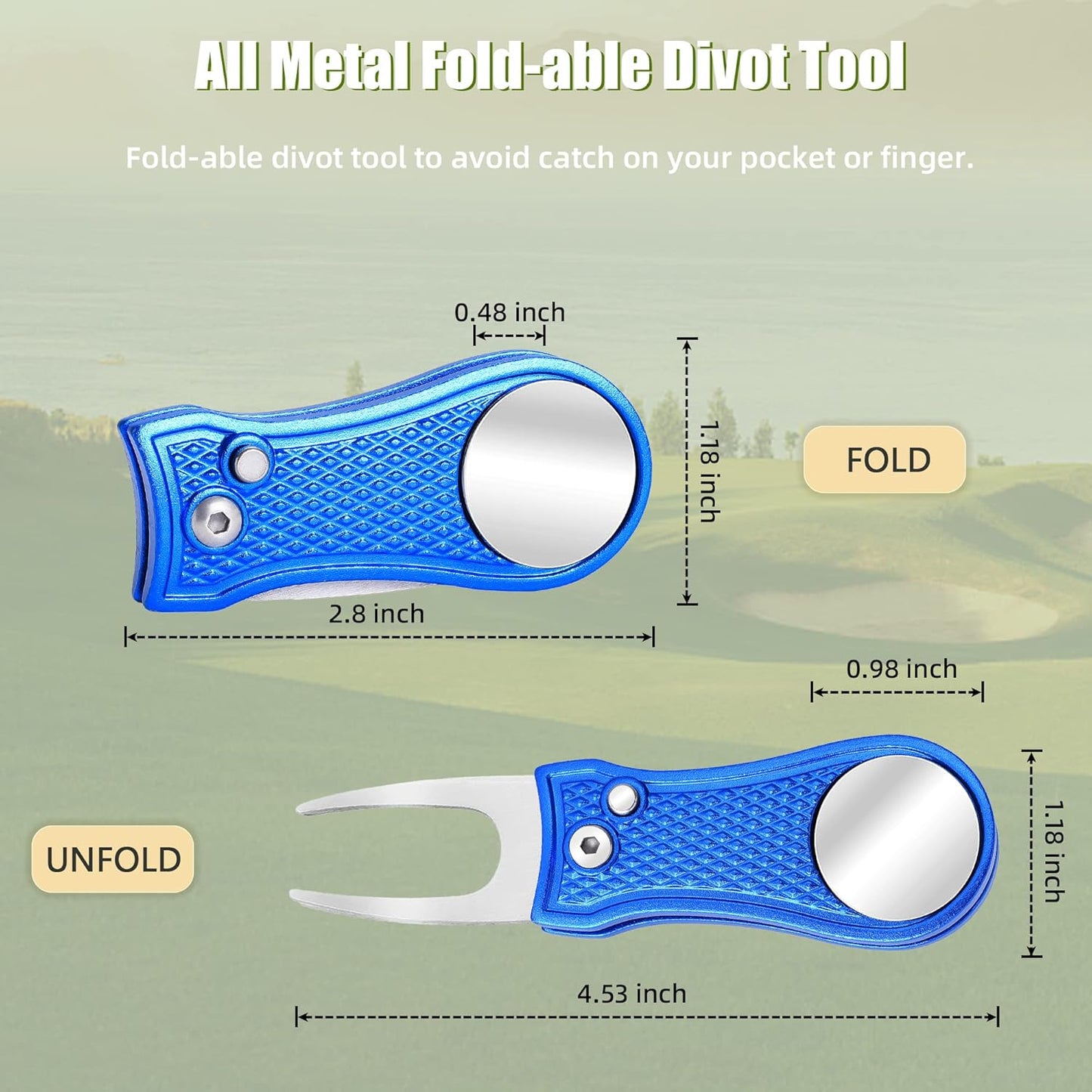 Mile High Life Golf Divot Repair Tool, All Metal Foldable Divot Tool with Pop-up Button & Magnetic Ball Marker