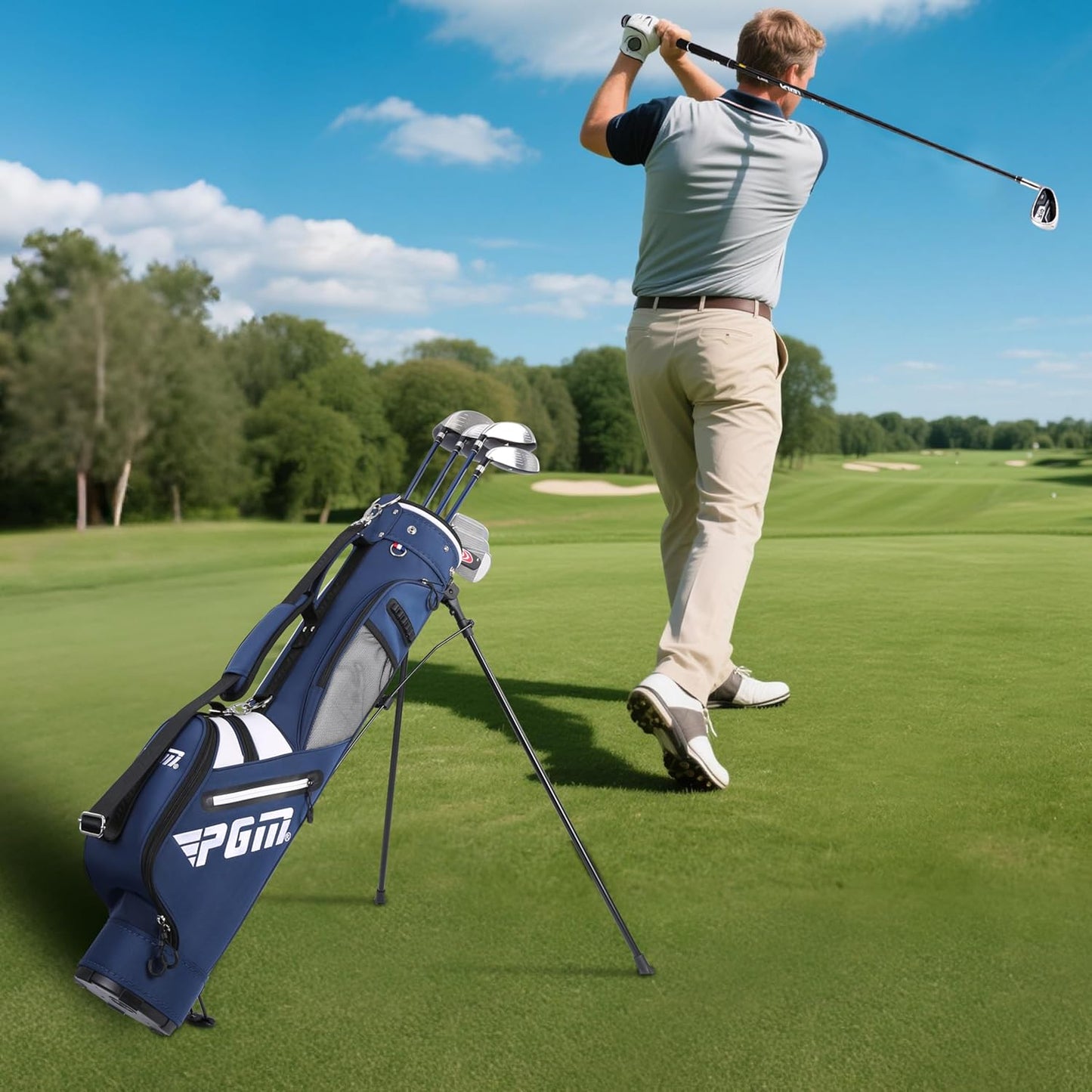 PGM Sunday Golf Stand Bag for Women and Men - Easy Carry Pitch Lightweight Golf Stand Bag with Cooler Pouch and Valuables Pocket for Driving Range Par 3 Executive Courses