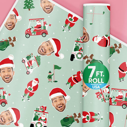 Big Dot of Happiness Custom Photo Golfing Santa Wrapping Paper, Personalized Golf Christmas Holiday Gift Wrap Roll, Funny Santa Hat Fun Face Christmas Gift Paper, 24 in x 7 feet, 1 Roll
