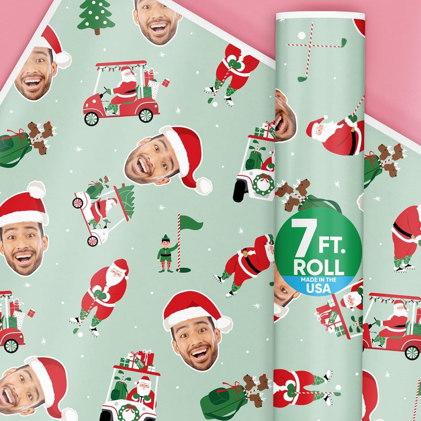 Big Dot of Happiness Custom Photo Golfing Santa Wrapping Paper, Personalized Golf Christmas Holiday Gift Wrap Roll, Funny Santa Hat Fun Face Christmas Gift Paper, 24 in x 7 feet, 2 Rolls