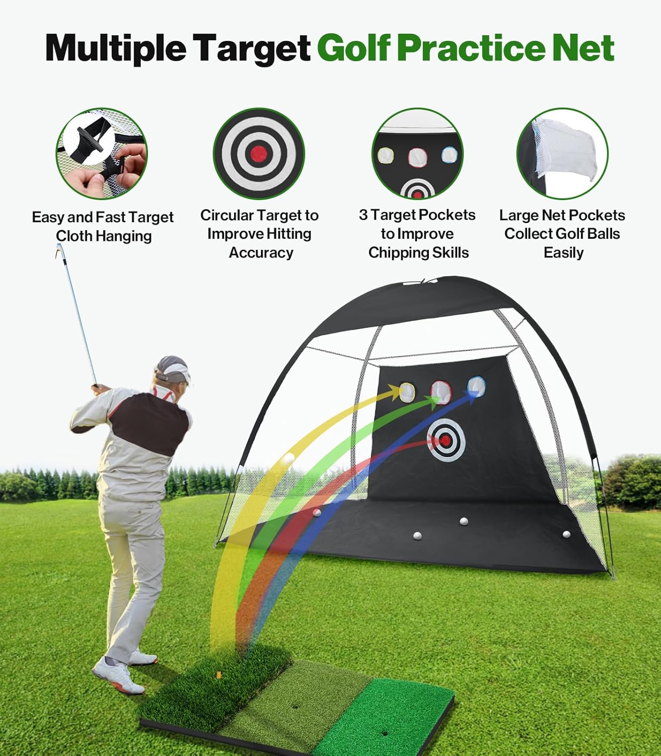 Golf Net: 10 x 7ft Golf Hitting Practice Net for Backyard Driving, Indoor & Outdoor Chipping Training Net with Mat, Targets & Balls, Ideal Gifts for Him Men Dad Husband Grandpa Boys Golfers