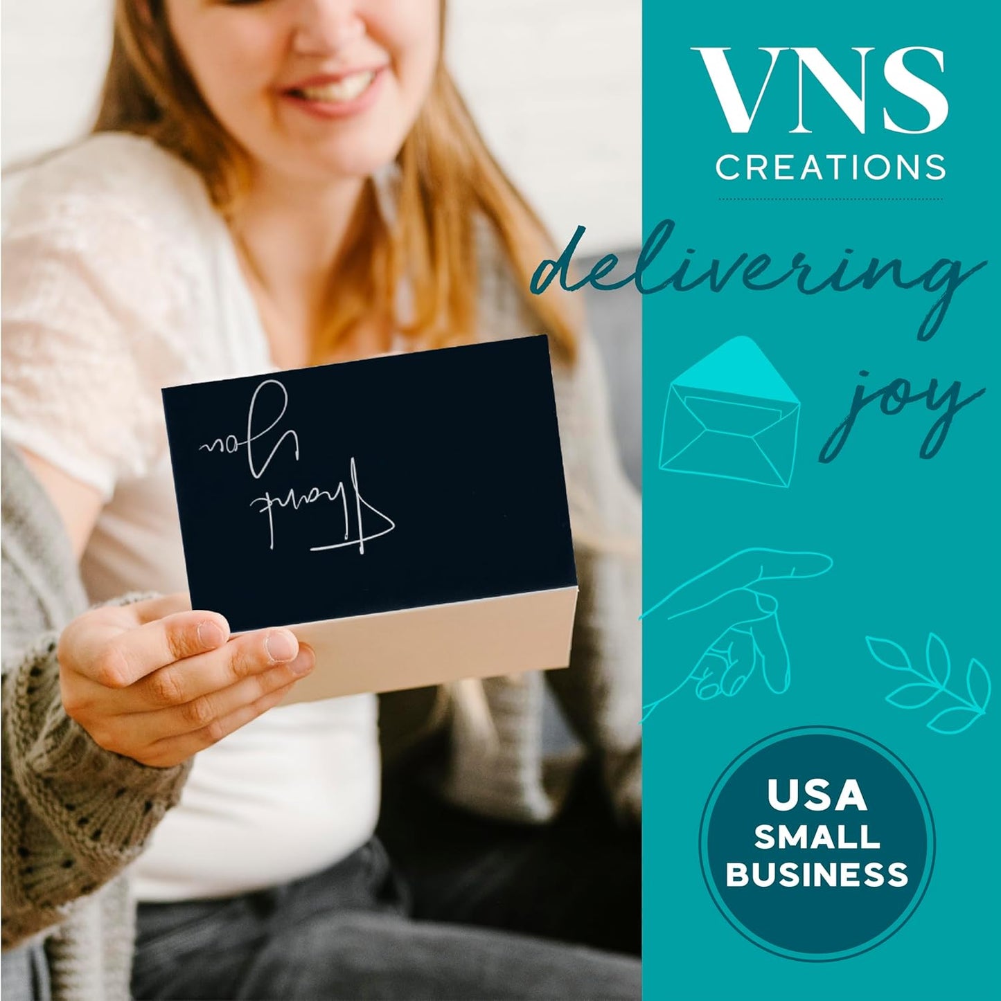 VNS Creations Thank You Cards With Envelopes Bulk Set & Stickers - 100 Pack 4x6 Blank Thank You Notes Bulk Box Set - Large Note Card Small Business, Wedding, Baby Shower & Bridal Shower - Black