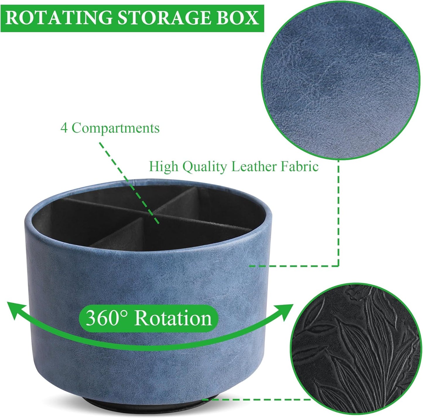 Hennaja Round Leather Art Supply Organizer,Remote Control Holder,360 Degree Spinning,Multi-Functional Pencil Holder,4 Compartments Desktop Stationary Organizer(1-Oil Blue)