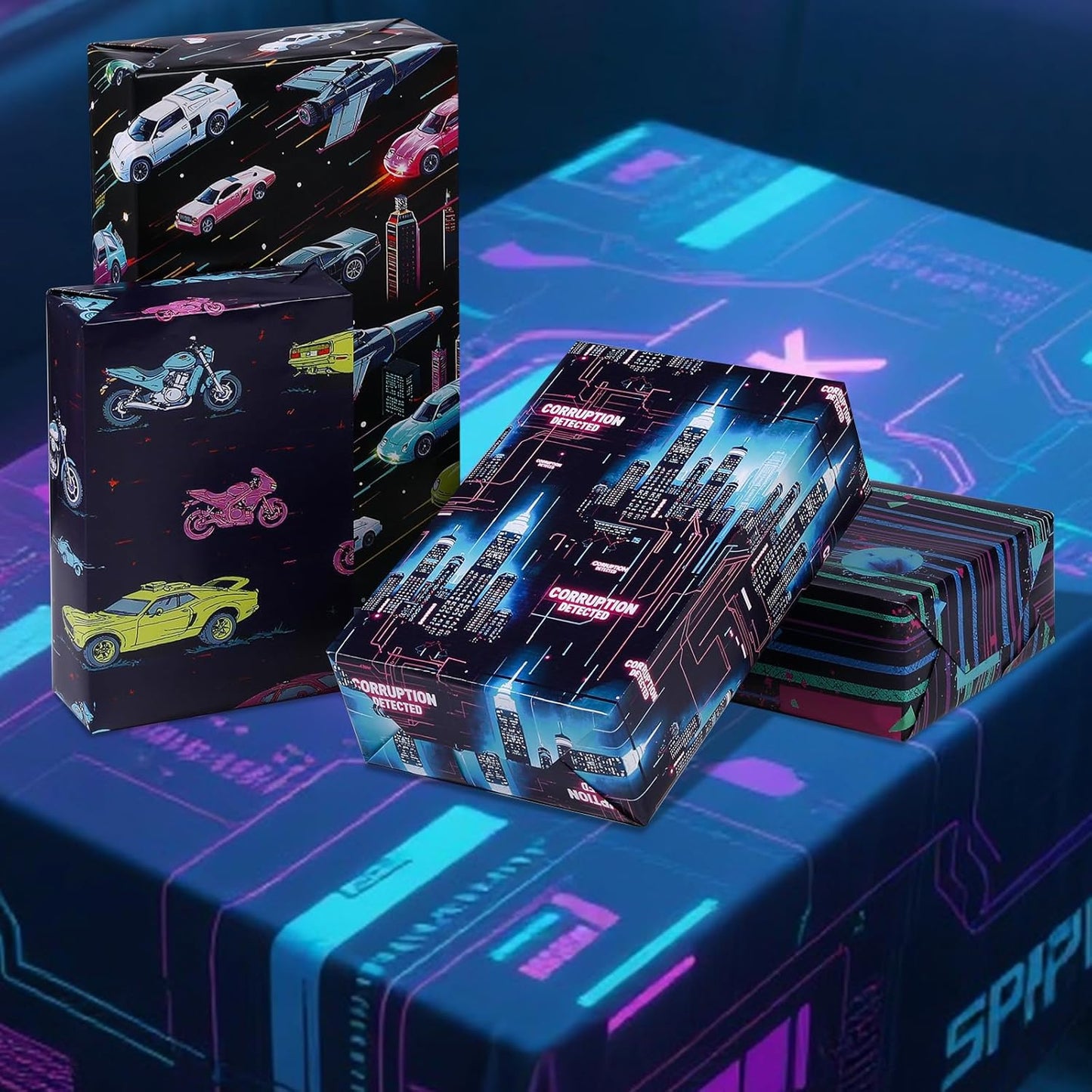 Pineraap Cyber Future Wrapping Paper 12 Sheets 4 Futuristic Themed Designs Neon Gift Wrap for Sci-Fi Fans,Tech Lovers,20"×28"