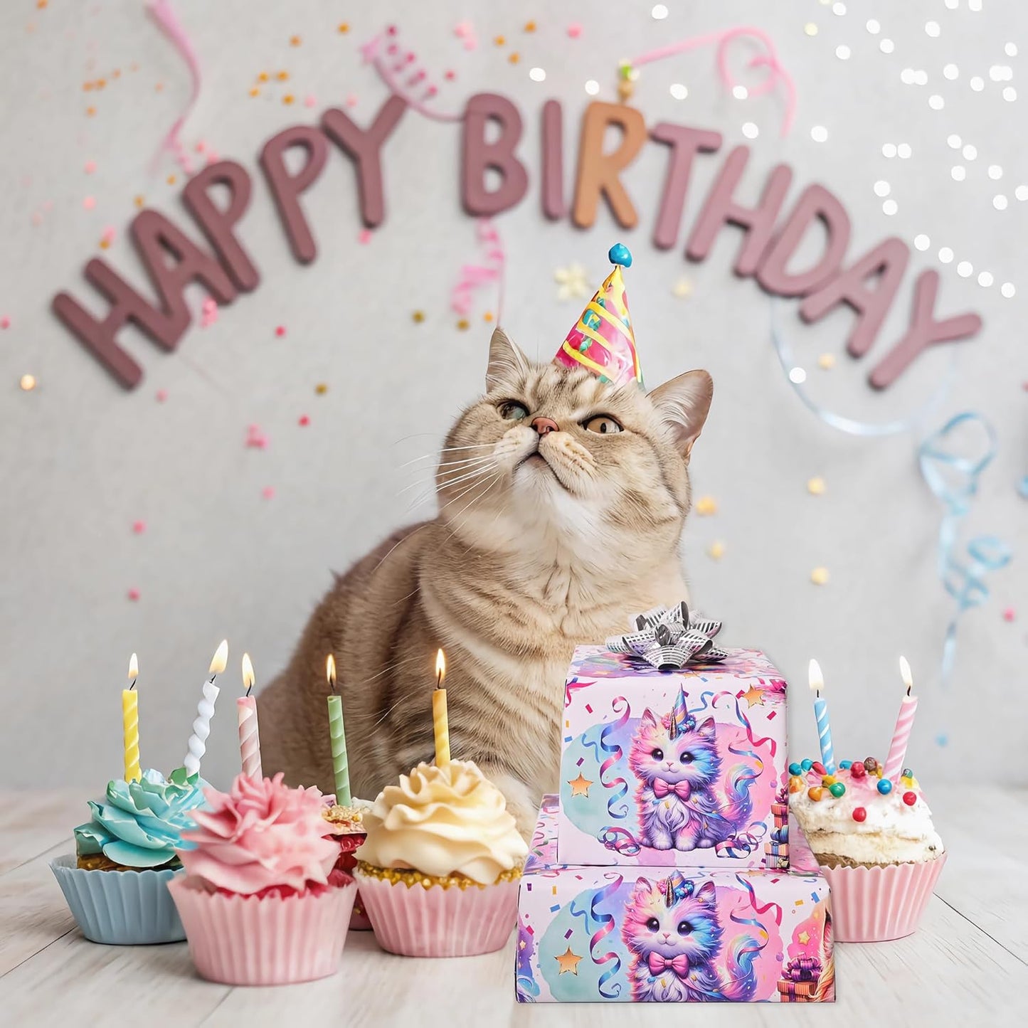 Vnaaem Cat Birthday Wrapping Paper Roll for Girls Kids - Colorful Cat and Confetti Design Gift Wrap for Holiday Party Baby Shower Wedding Birthday - 17 in x 20 ft(Total 28.5sq.ft)