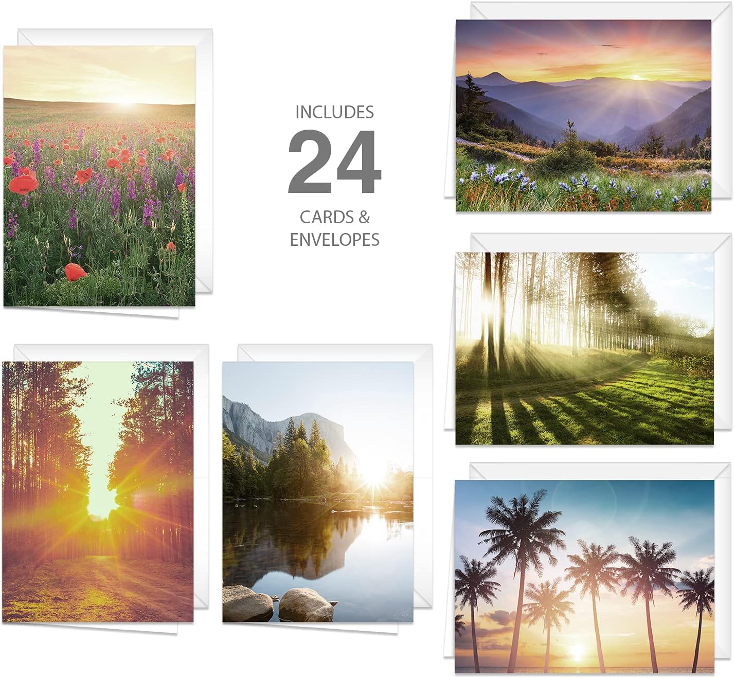 Canopy Street Beautiful Sunrise Greeting Note Card Pack / 24 Nature Greeting Cards With White Envelopes / 6 Lovely Outdoor Sunset Scenery Designs / 4 5/8" x 6 1/4" All Occasion Sympathy Cards