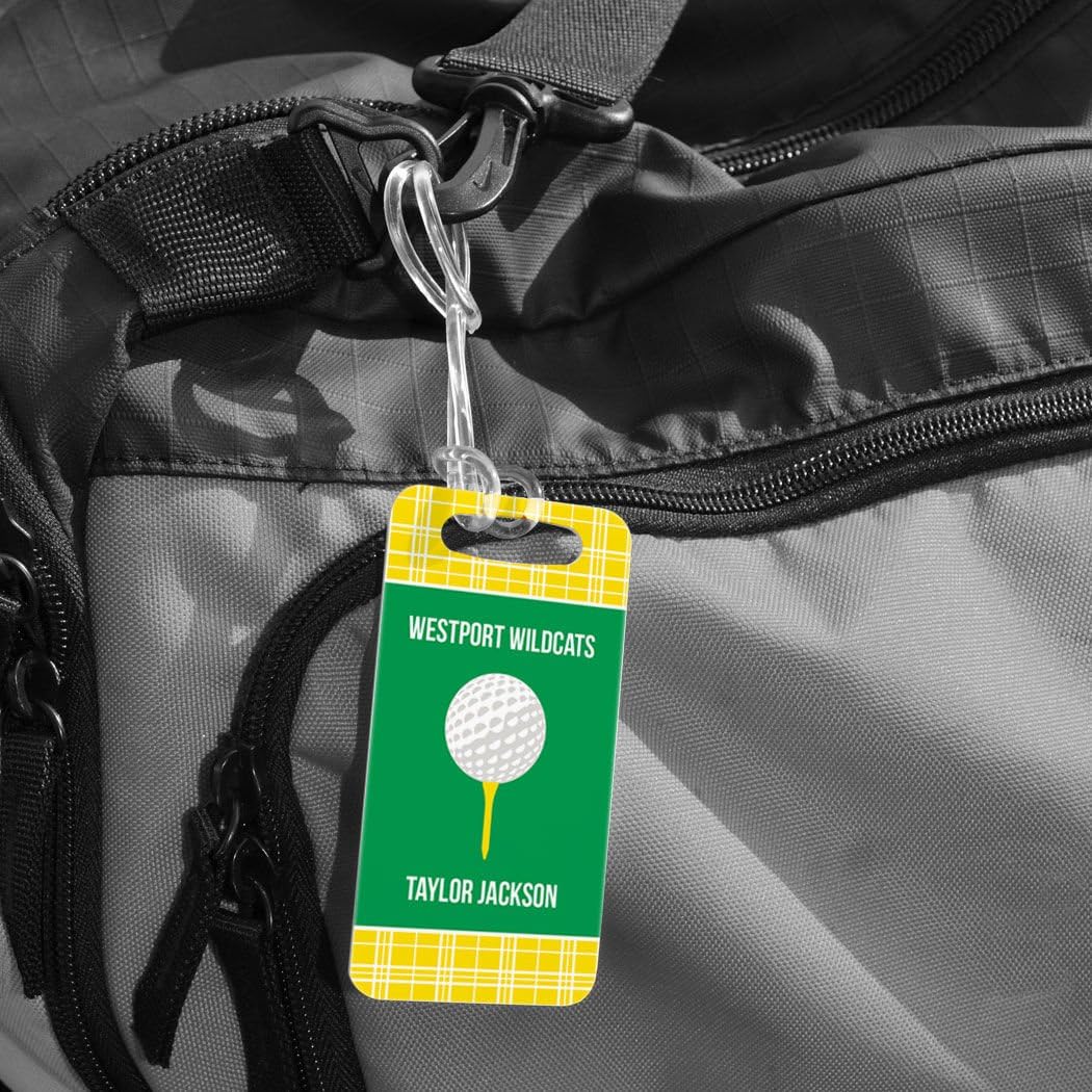 ChalkTalkSPORTS Golf Luggage & Bag Tag | Personalized Team with Golf Ball | Standard Lines on Back | Small | Yellow/Green