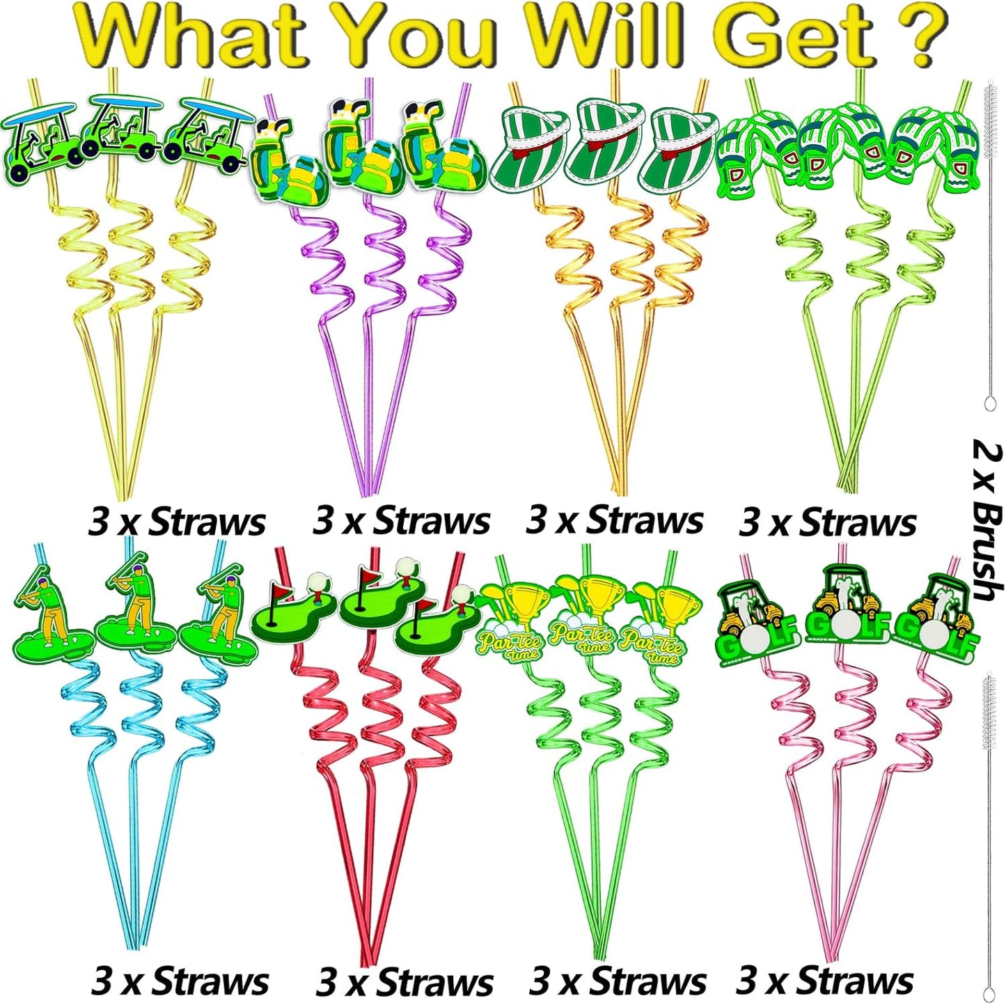 24pcs Golf Themed twisty Reusable Straws for Golf Party Favor Gift Bags,Daily Drinking Straws,Birthday Party,Class Reunions,Sports Golf Party supplies,With 2 Cleaning Brushes.(8color)