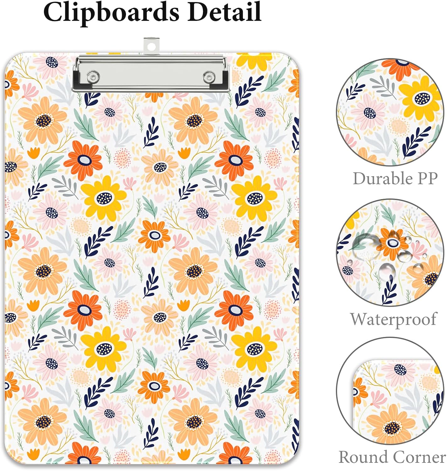 Rimilak Plastic Clipboards with Metal Clip, A4 Letter Size 9 x 12.5 in, Office Decorative for Students Women Men and Kids, Cute Custom Pattern, Orange Flower