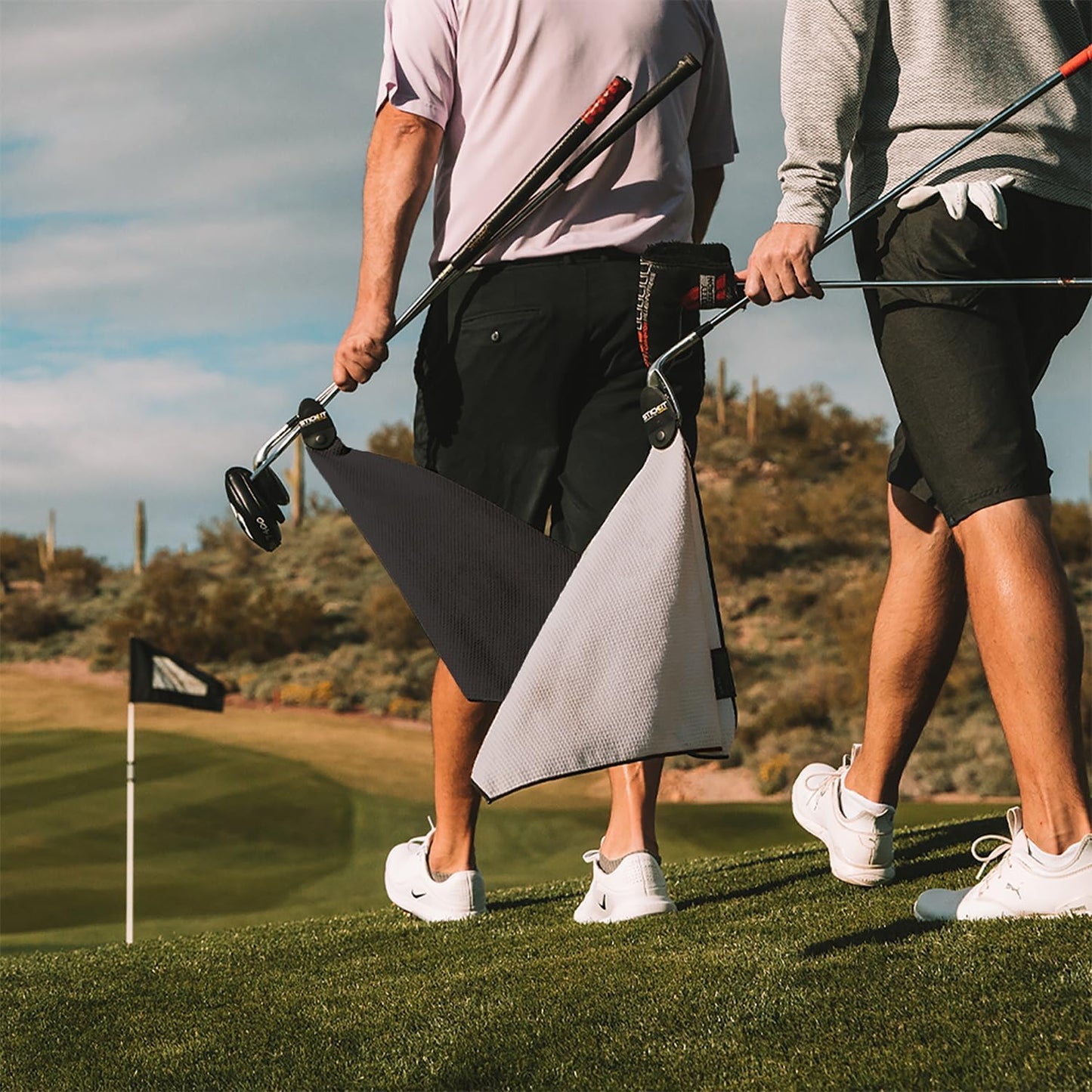 STICKIT Magnetic Golf Towel Gray and Black 2-Pack | Top-Tier Microfiber Golf Towel with Deep Waffle Pockets | Industrial Strength Magnet for Strong Hold to Golf Carts or Clubs