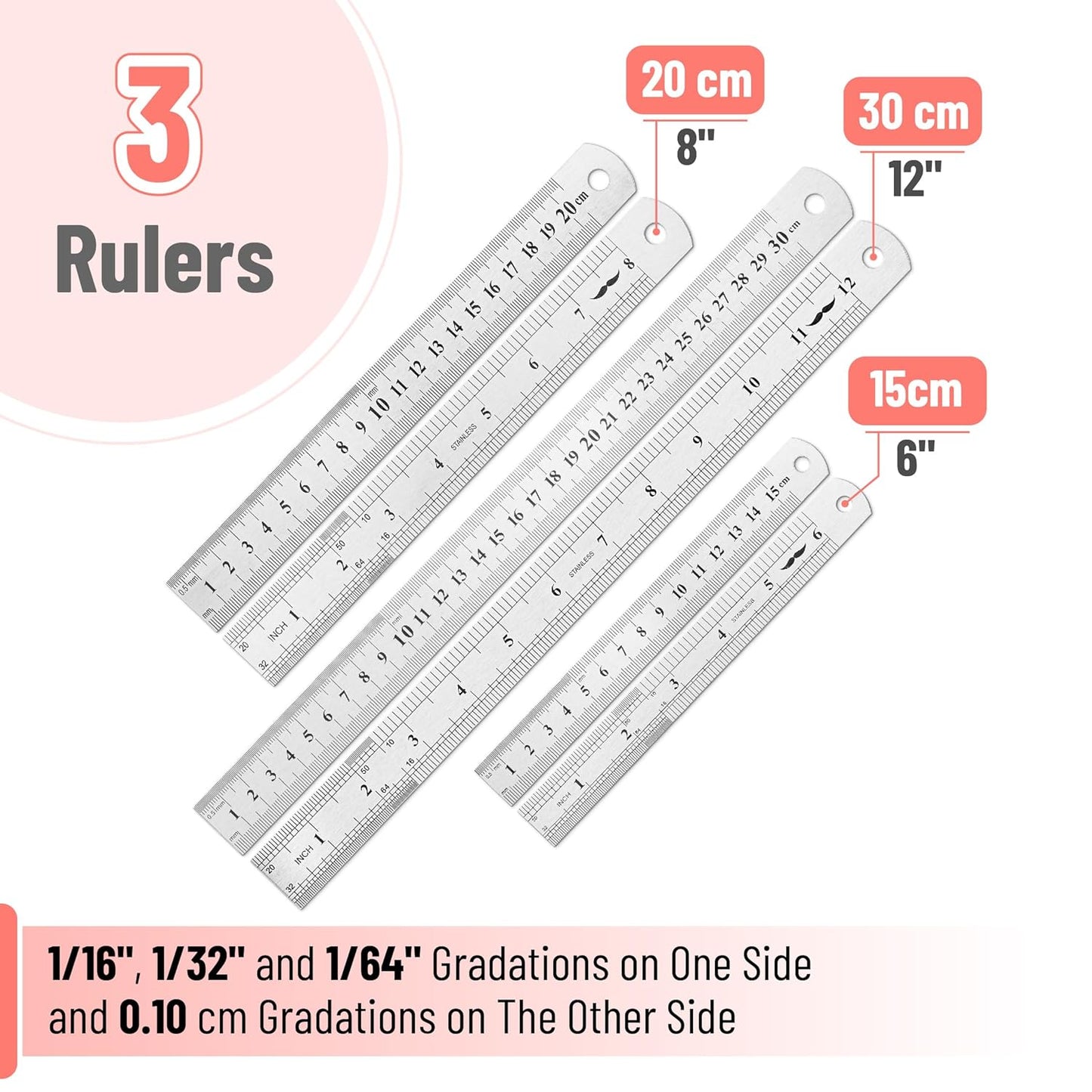 Mr. Pen- Stainless Steel Rulers, 3 pcs, 6", 8" & 12", 6 Inch Ruler Metal Rulers, Small Metal Ruler 6 Inch Metal Ruler Thin Flat, Stainless Steel Ruler 12 Inch, Centimeter Ruler, Steel Ruler 12 Inch
