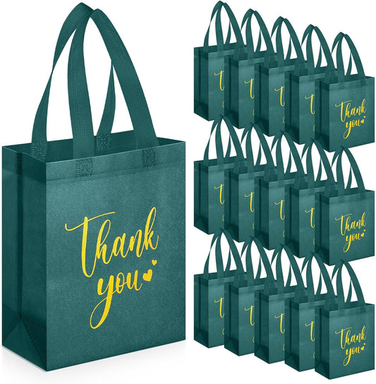 Sweetude 30 Pcs Thank You Gift Bags with Handles Bulk Reusable Goodie Bag Non Woven Foldable Handbag for Graduation Wedding Bridesmaid Gifts(10 x 8 x 4 Inch,Dark Green)