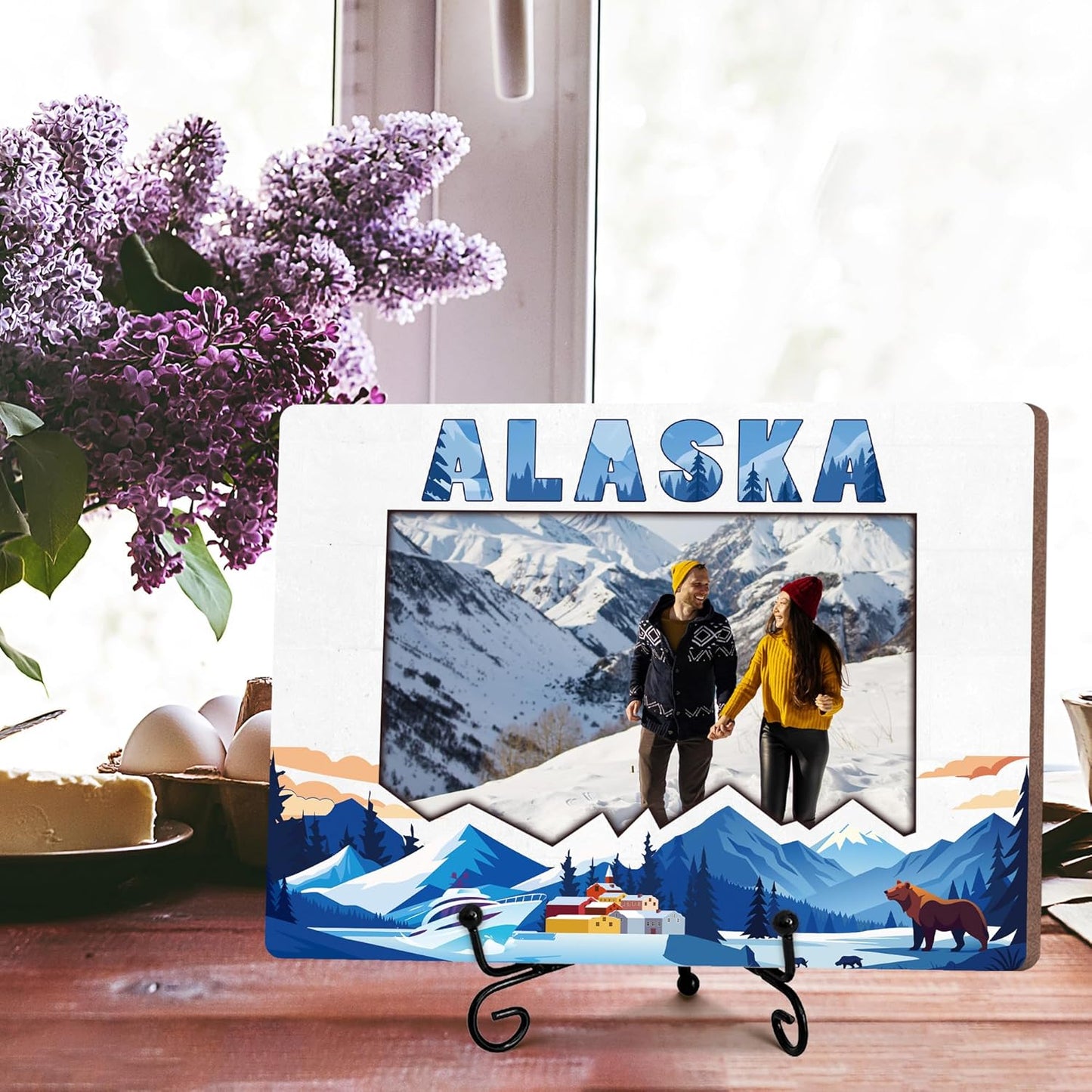Alaska Photo Frame, 5 x 8 Wooden Picture Frame with Stand, Alaska Vacation Friendship Birthday Love Gifts for Couple Friends Family, Home Office Desk Holiday Decorations-A02