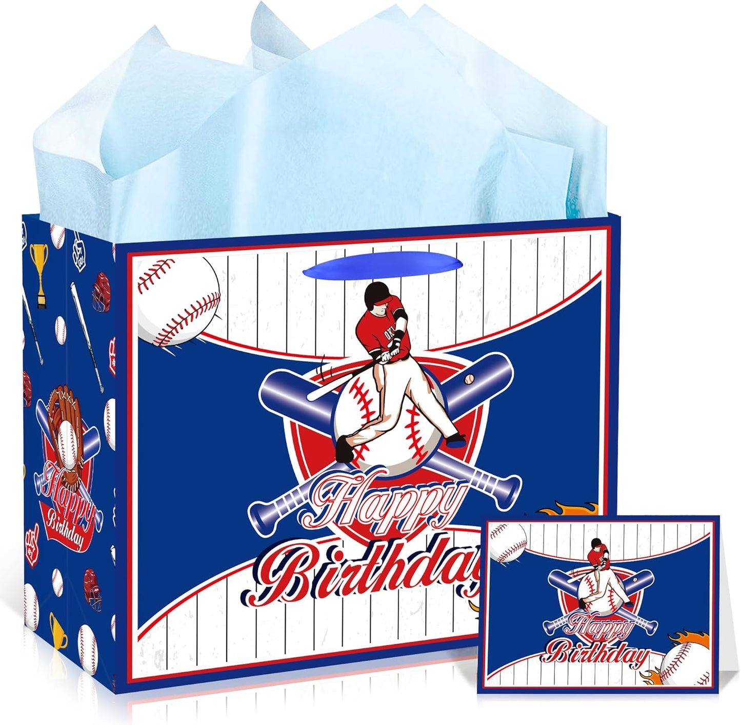 EoBeCy Baseball Birthday Gift Bag with Tissue Paper and Greeting Card, Large Baseball Wrapping Paper Bags, Happy Birthday Gift Wrap Bags for Men Boys Kids Teens Sports Themed Party Favors