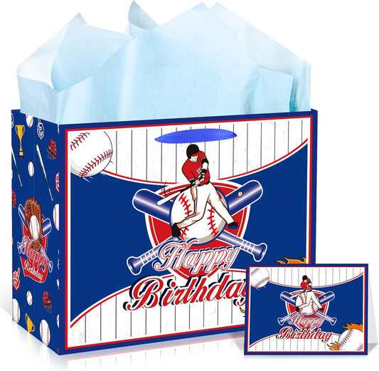 EoBeCy Baseball Birthday Gift Bag with Tissue Paper and Greeting Card, Large Baseball Wrapping Paper Bags, Happy Birthday Gift Wrap Bags for Men Boys Kids Teens Sports Themed Party Favors