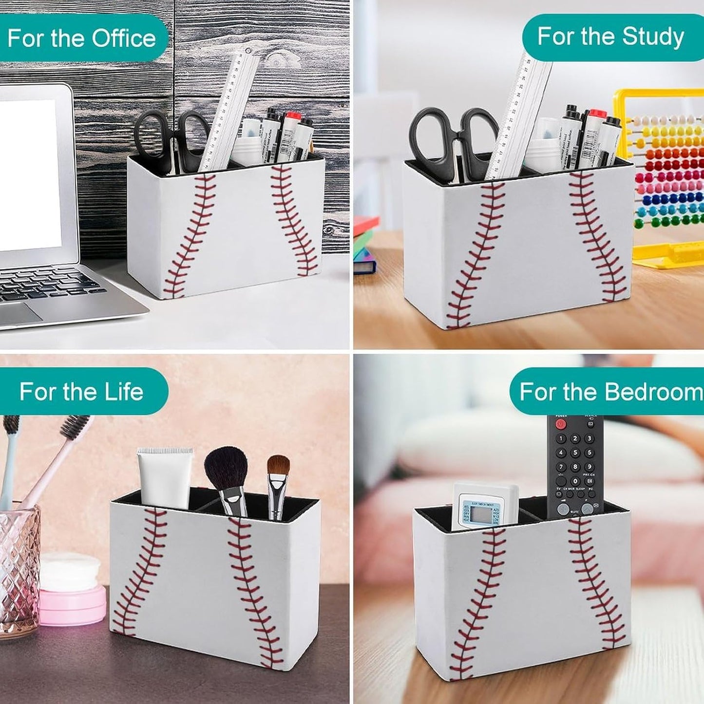 Pen Holder, Pencil Holder for Desk Organizer, Baseball Lace Sport Ball PU Leather Pencil Cups Desktop Stationery Storage Makeup Brush Holder Pen Organizer for Office Home