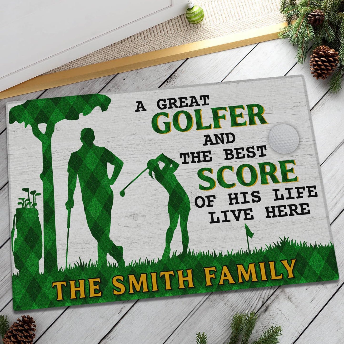 Personalized Golf Couple Doormat with Custom Family Name – Non-Slip Outdoor Welcome Mat for Front Door, Porch, Patio – Funny Gift for Golfer Husband and Wife, Wedding or Housewarming Present