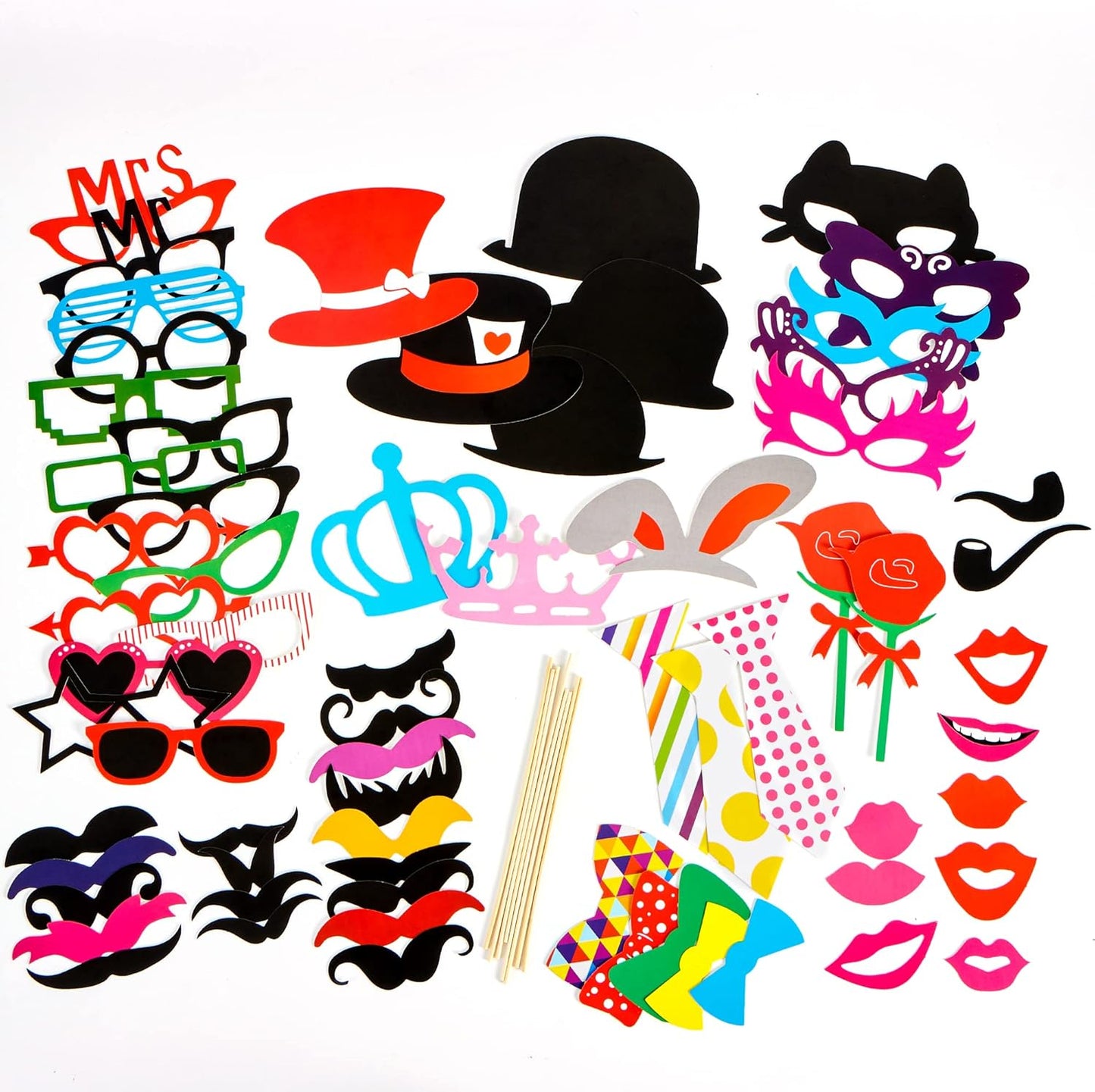 Joyin Toy Photo Booth Props 66 Pieces，Multicolor Kit for Graduation Wedding Party Supplies Favors，with Stick, Hats, Glasses, Mouth, Bowler, Bowties