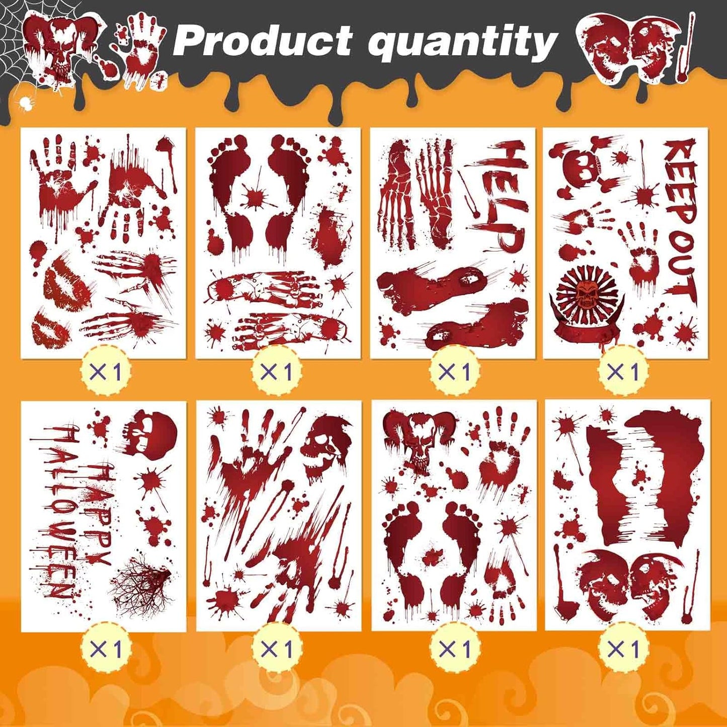 Halloween Wall Stickers, 8 Sheets Bloody Handprint and Footprint Stickers, Scary Halloween Party Decorations, Large Size Door Bathroom Indoor & Outdoor Home Decor