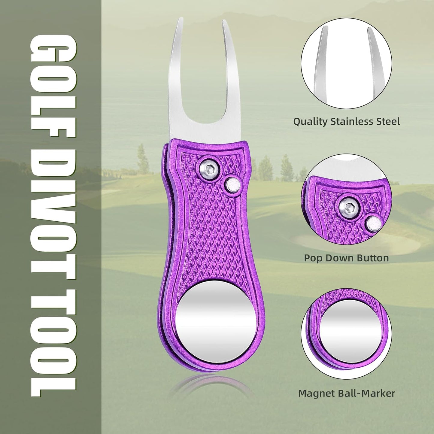 Mile High Life Golf Divot Repair Tool, All Metal Foldable Divot Tool with Pop-up Button & Magnetic Ball Marker