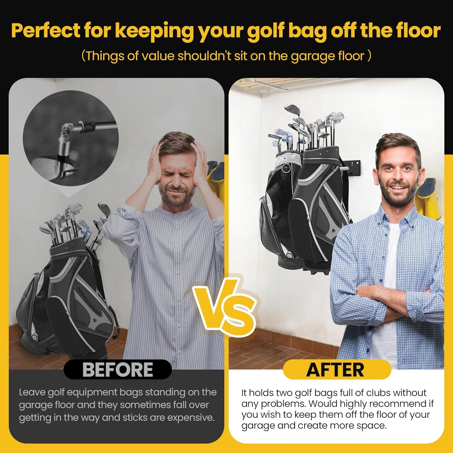 Wall Mounted Golf Bag Storage Rack,Golf Bag Storage Rack for Garage,Golf Bag Organizer for Garage,Golf Bag Hangers/Holder/Hook for Garage,Golf Storage System & Accessories