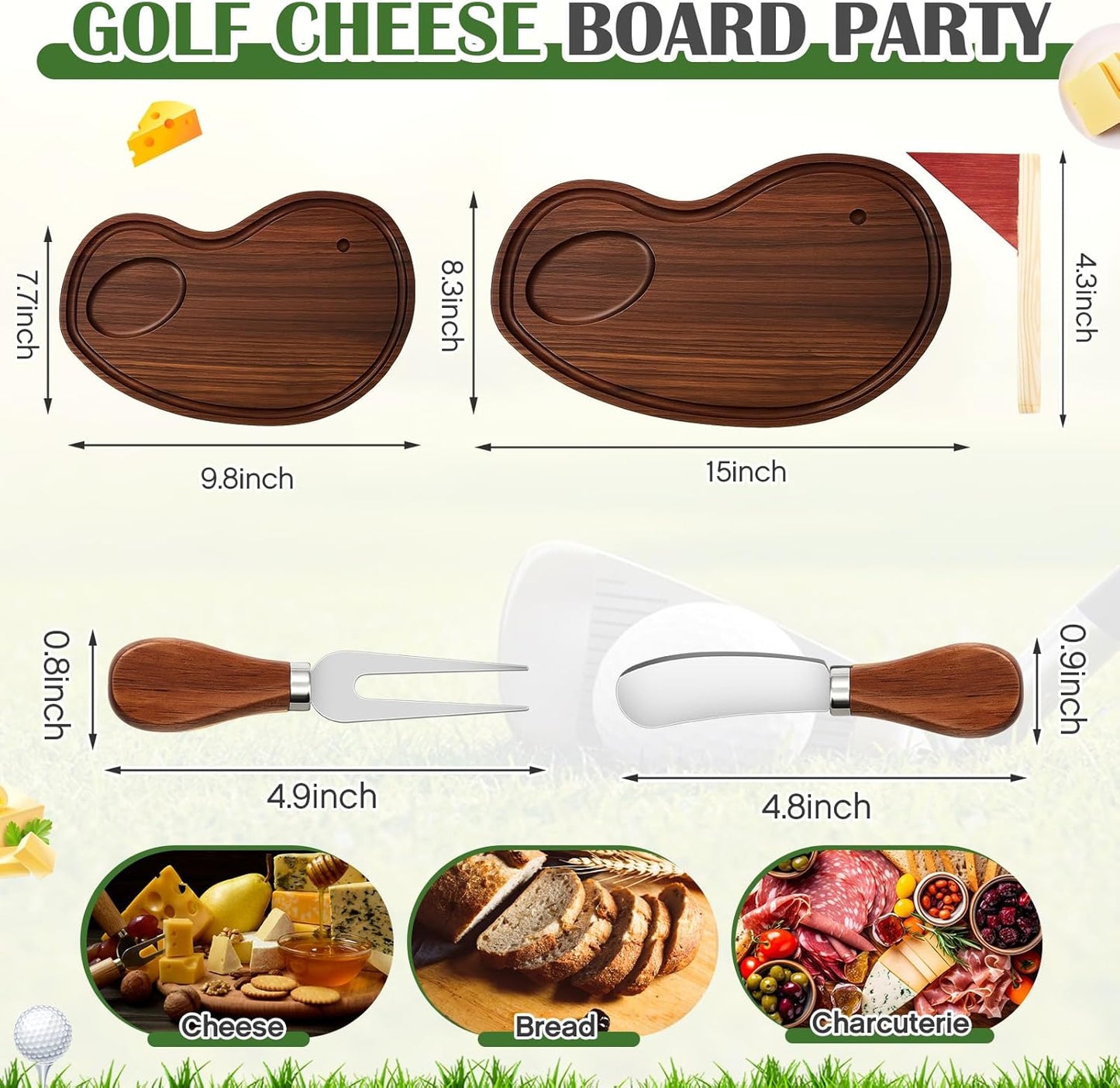 Golf Cheese Board Gift Set Golf Party Favor Prizes Charcuterie Wood Board with Knives and Box Father Day Gift for Dad Grandpa Party Tournament Game(Walnut,15 x 8.3 x 0.47 ")