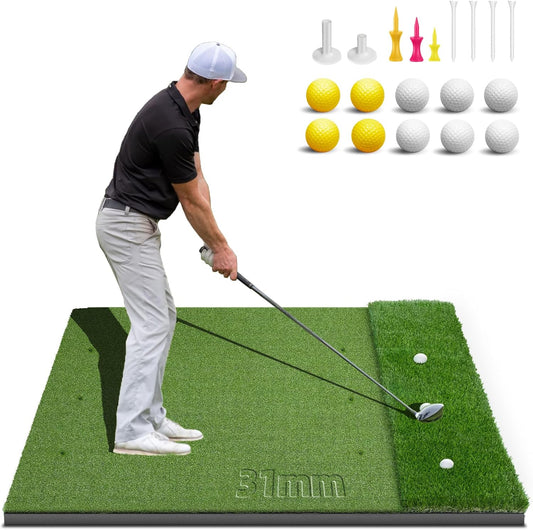 Dual-Turf Golf Mat 31mm: 6x4ft/5X5ft Extra Large Golf Hitting Mats Practice Outdoor Indoor, High-Density Artificial Turf Matt for Garage Simulator Chipping Driving Training, Ideal Gifts for Men Dad