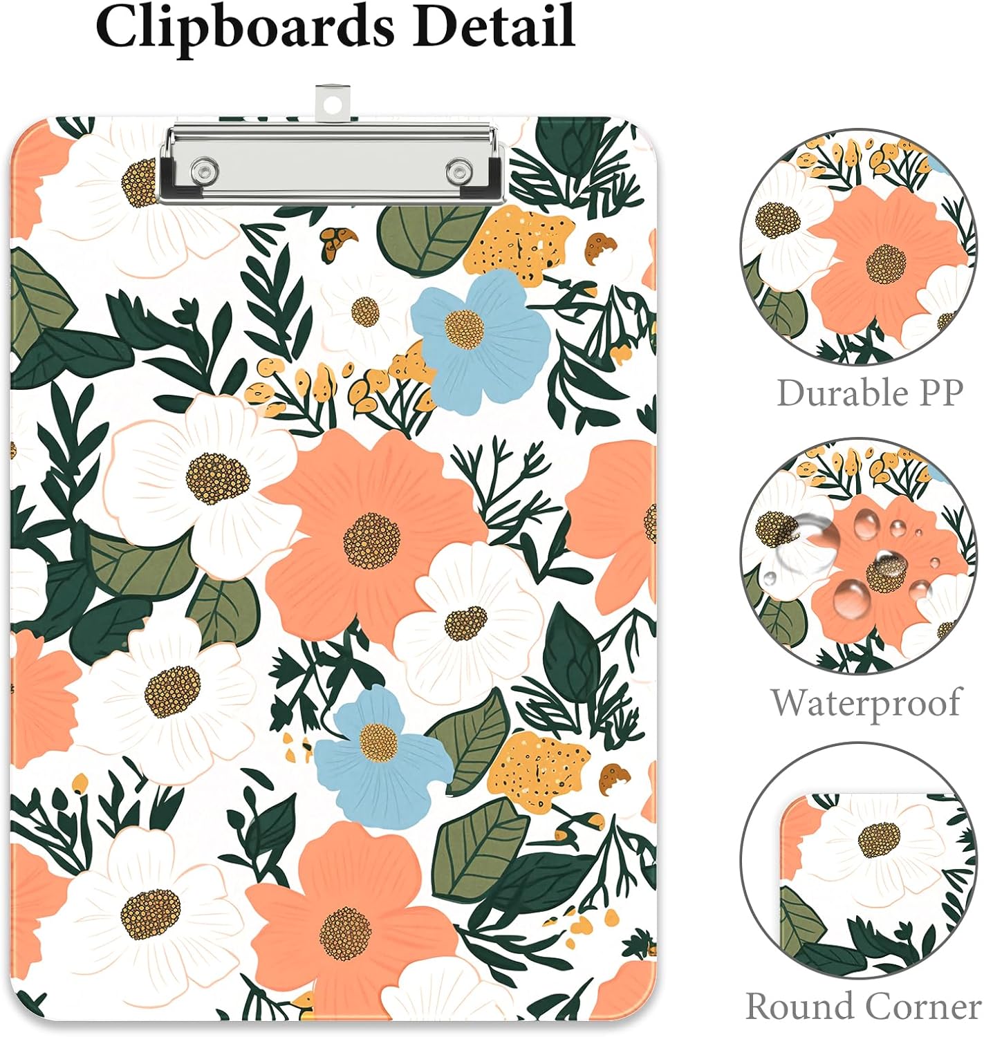 Rimilak Plastic Clipboards with Metal Clip, A4 Letter Size 9 x 12.5 in, Office Decorative for Students Women Men and Kids, Cute Custom Pattern, Beauty Flower