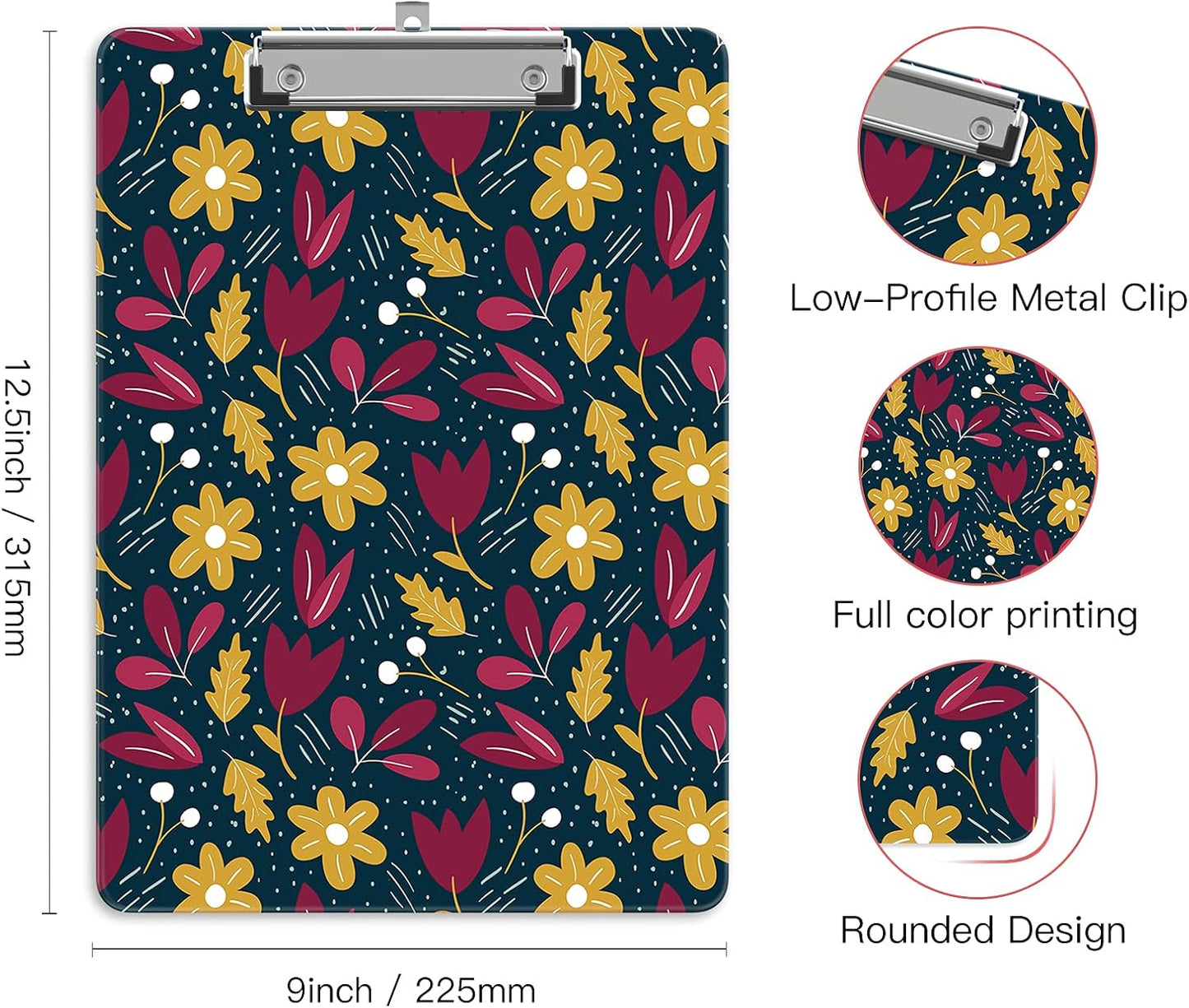 Plastic A4 Clipboards, Cute Clip Board Stardard Letter Size 9 x 12.5 in, Office Decorative for Students Women Men and Kids, Wildflowers