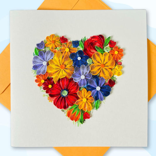 Quilling Cards, handmade card, quilled cards with Handmade Art for all occasions: quilling birthday card for women, Birthday card, mother... colorful heart design (Colorful flowers)
