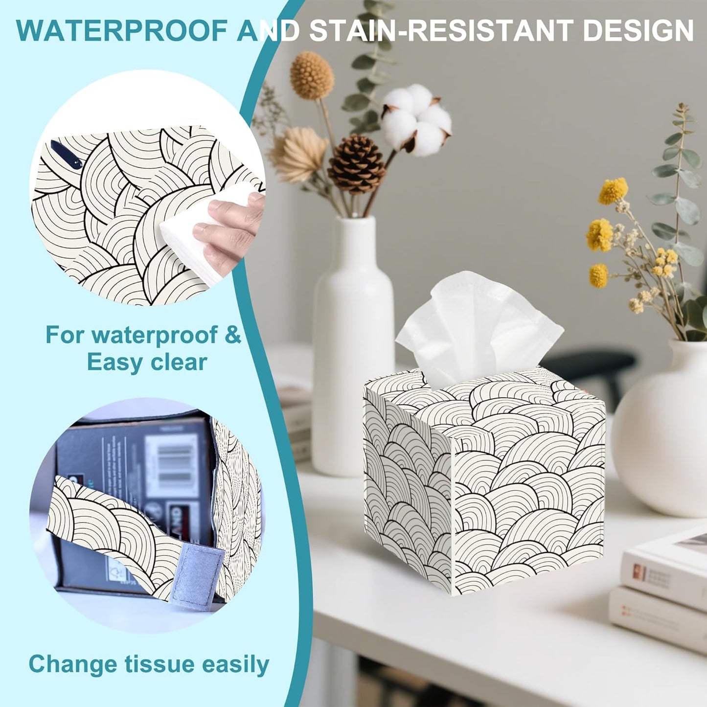 Abstract Waves Tissue Box Holder,Square Leather Tissue Box Cover with Bottom Belt,Waterproof Modern Napkin Holder Organizer for Car Bathroom Nightstand Vanity Office Tabletop,5.2" x 5.2" x 5.2"