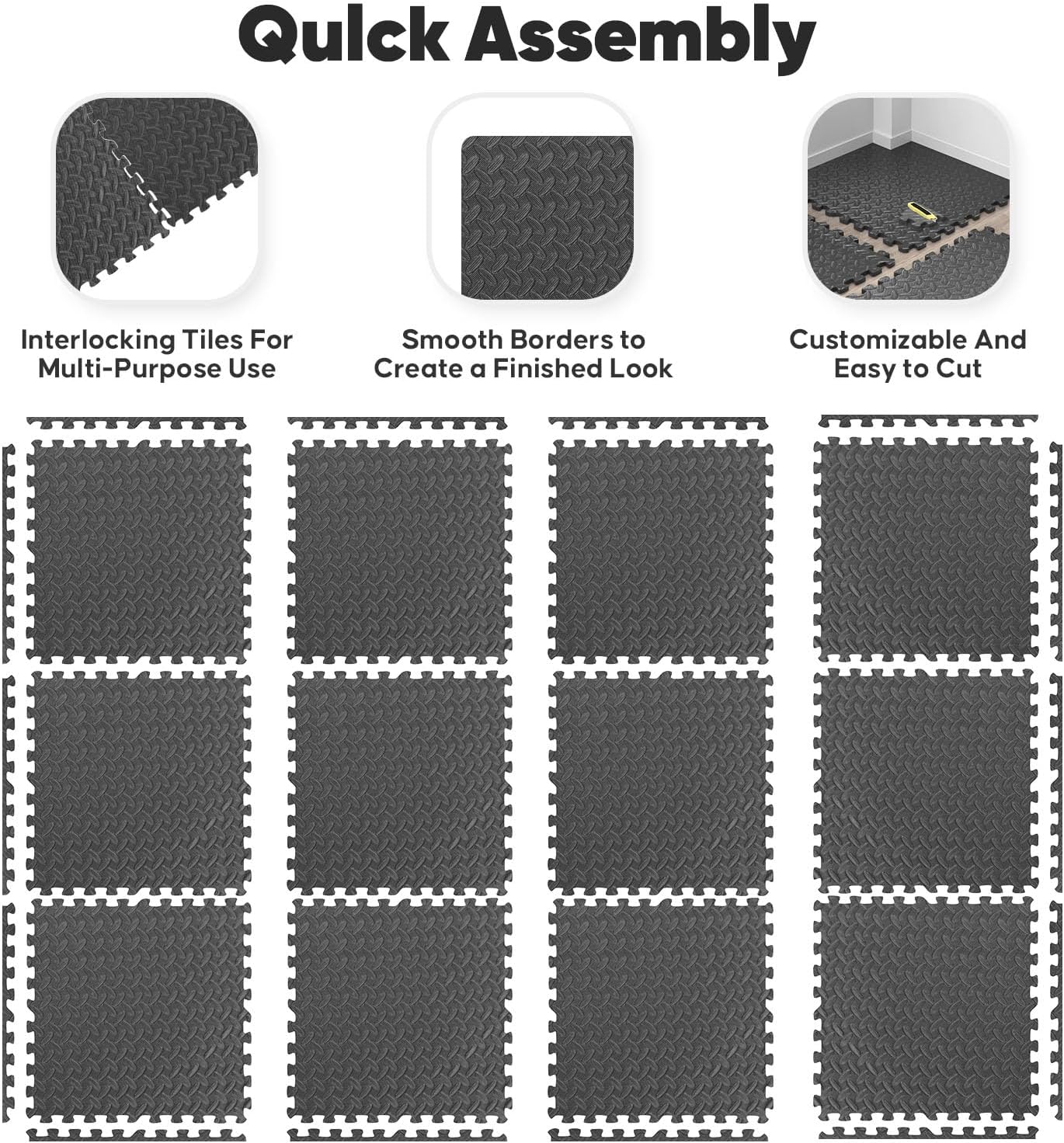 Home Gym Mat, Puzzle Exercise Mat, EVA Interlocking Foam Floor Tiles for Home Workout Equipment and Kids' Play Areas - Black, 24 in x 24 in x ½ in - 16 Tiles (Black, 16 Pack, 64 SQ FT)