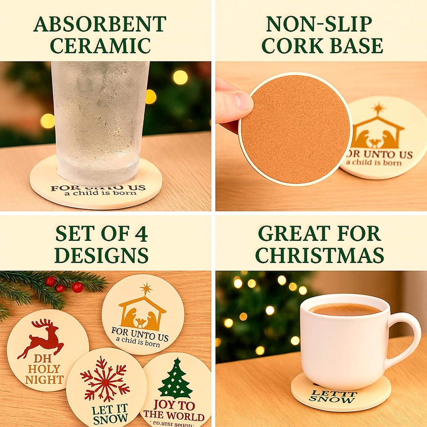 for Unto Us A Child is Born Nativity Scene Christmas Coasters Set of 4, Absorbent Ceramic with Non-Slip Cork Backing – Christian Religious Holiday Drink Coasters for Coffee Table, Home, Church Decor