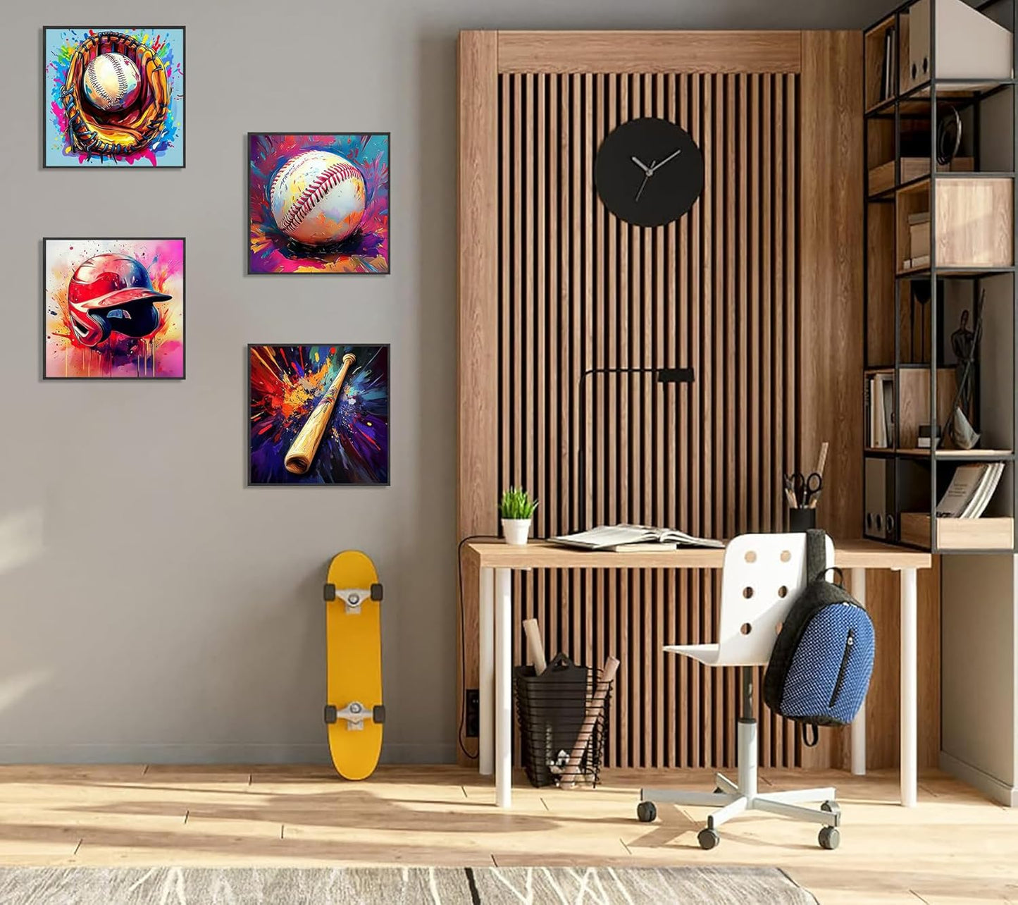 4Pcs Baseball Wall Art Boys Room Rustic Baseball American Football Painting Picture Wall Decor Modern Graffiti Poster Print Artwork for Man Cave Man Bedroom Living room Playroom Home Decoration