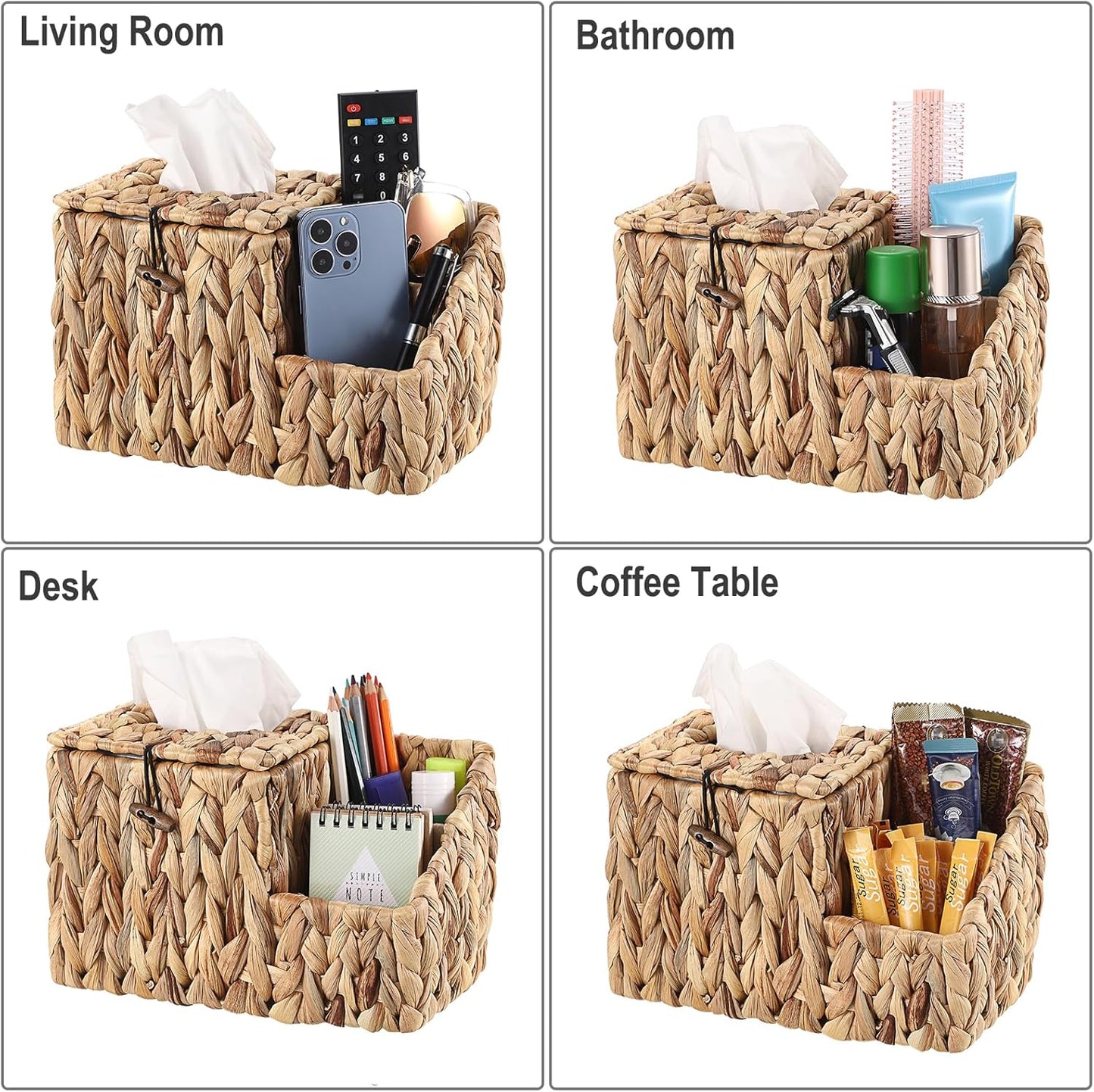 Sumnacon Square Tissue Box Cover with Side Organizer - Wicker Cube Tissue Box for Bathroom Toilet (Water Hyacinth, Natural)
