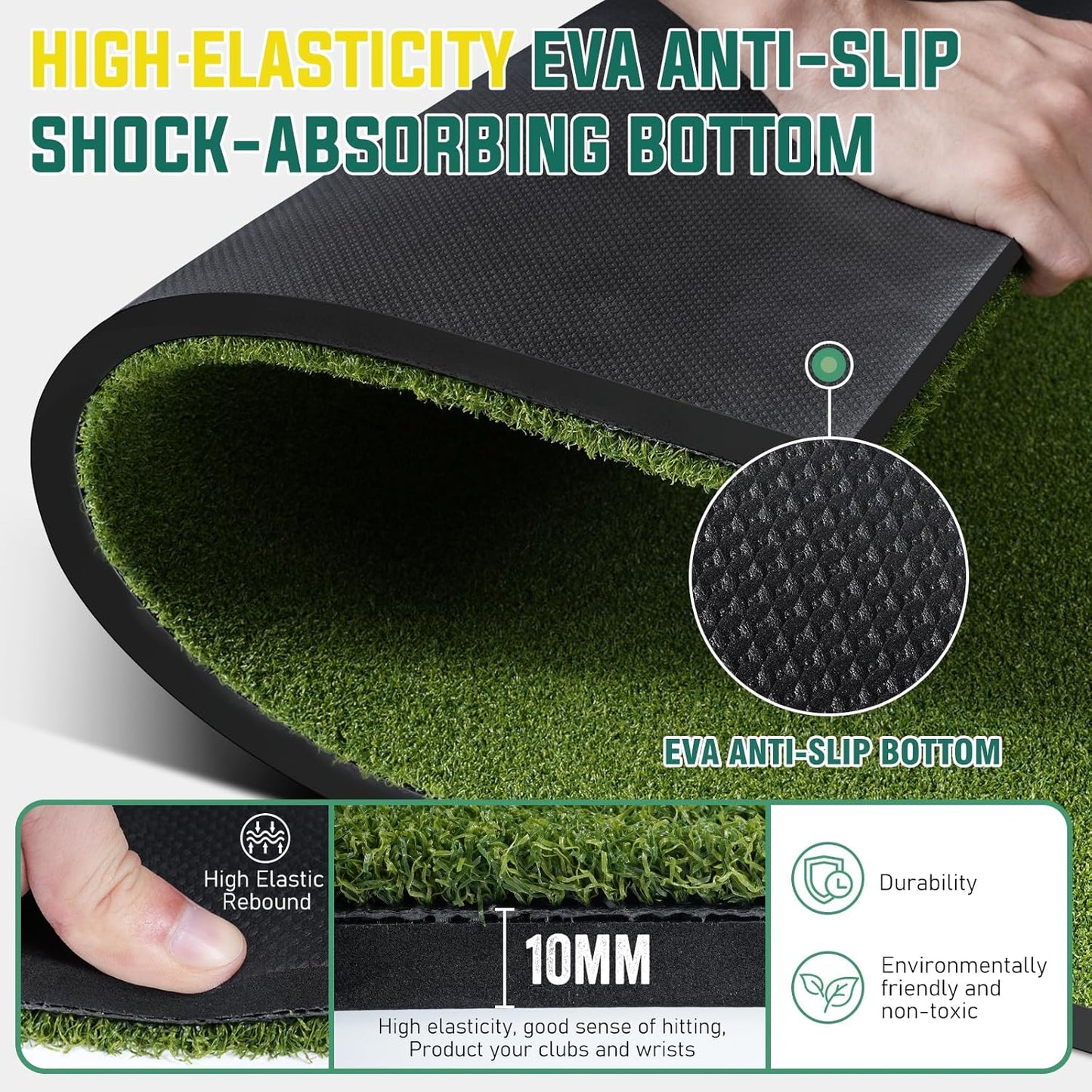 Dual Turf Golf Mat - Practice Indoor/Outdoor, 5 x 4 ft Hitting Mat with Alignment Lines, 9 Tees & Balls Accessories for Swing, Chipping, Putting