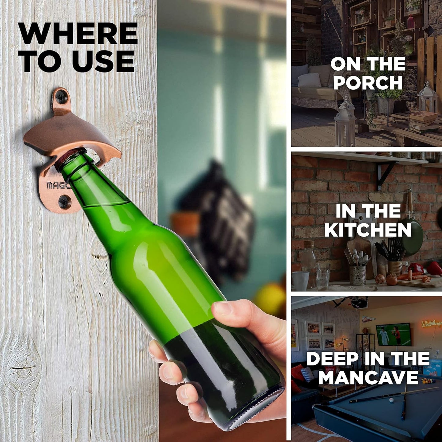 Outdoor Bottle Opener Wall Mounted - Style Magnetic Beer Bottle Opener that Catches Caps - Easy to Install and Incredibly Convenient