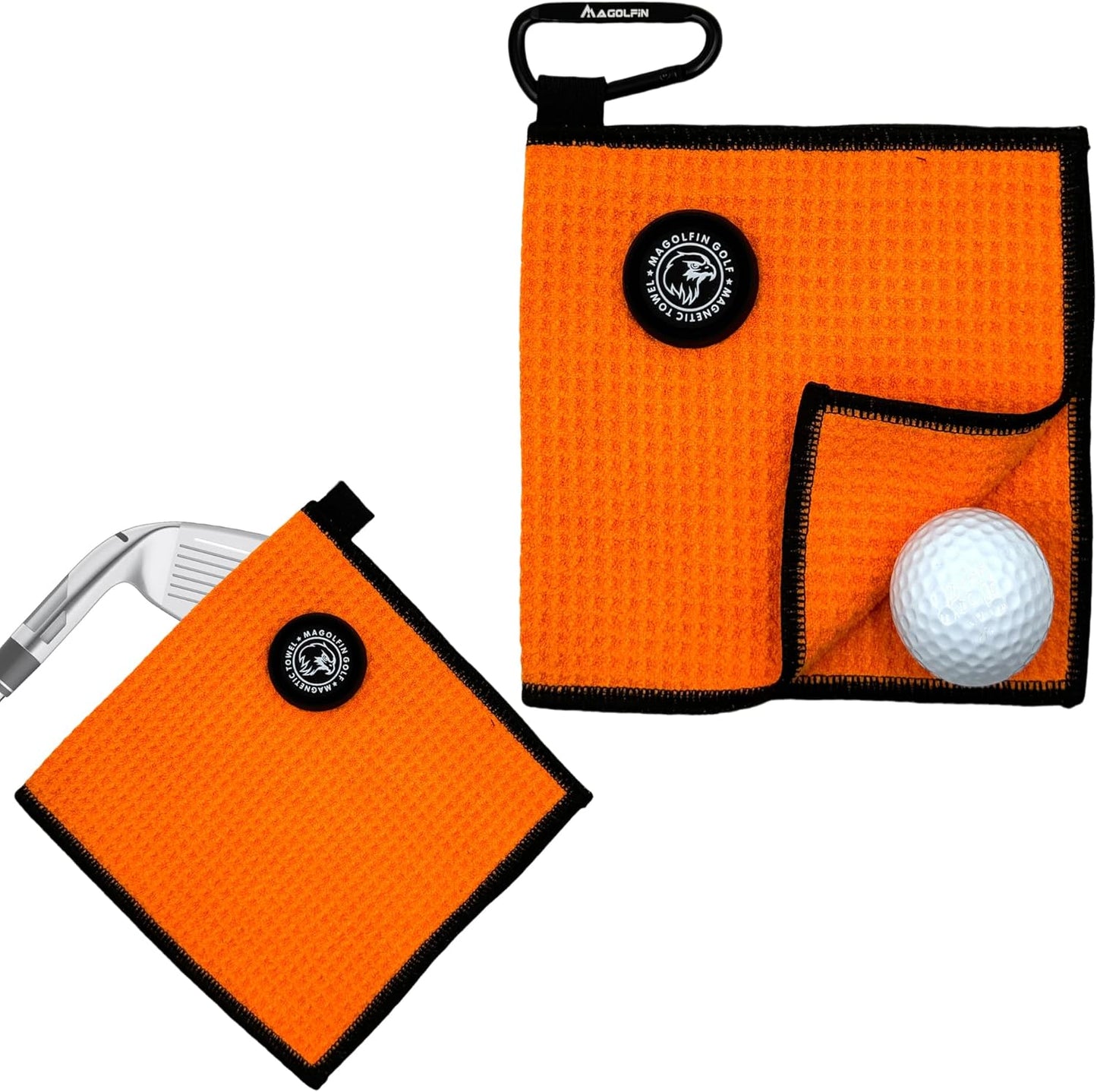 Small Magnetic Golf Towel with Clip, Microfiber Waffle Design - Industrial Strength Magnet for Glof Balls, Golf Bags, Carts Clubs - Orange