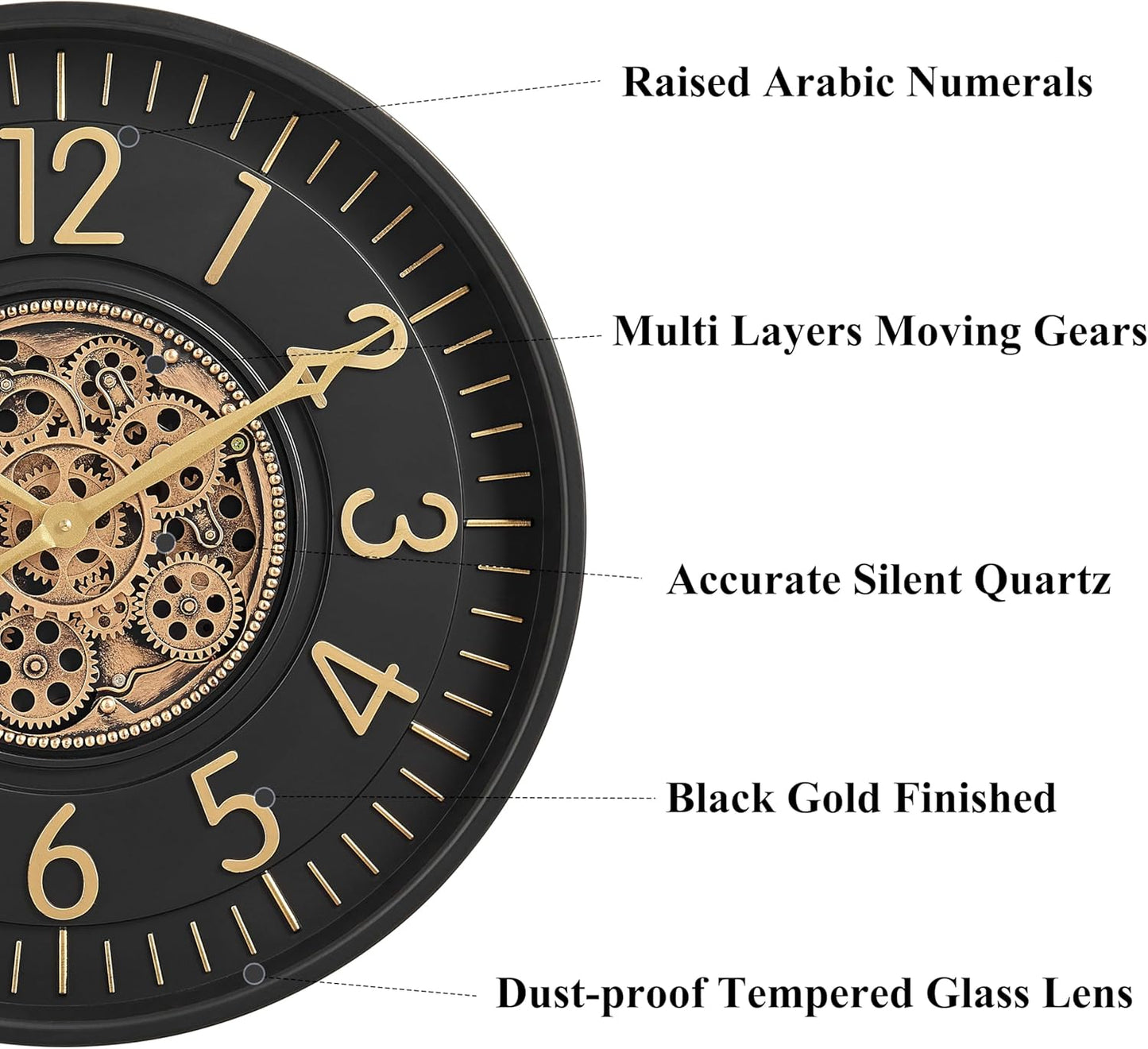 CLXEAST 21 Inch Moving Gear Wall Clock, Large Regular Arabic Numeral Wall Clocks for Living Room Decor,Modern Black& Gold Finish,House Warming Gifts New Home